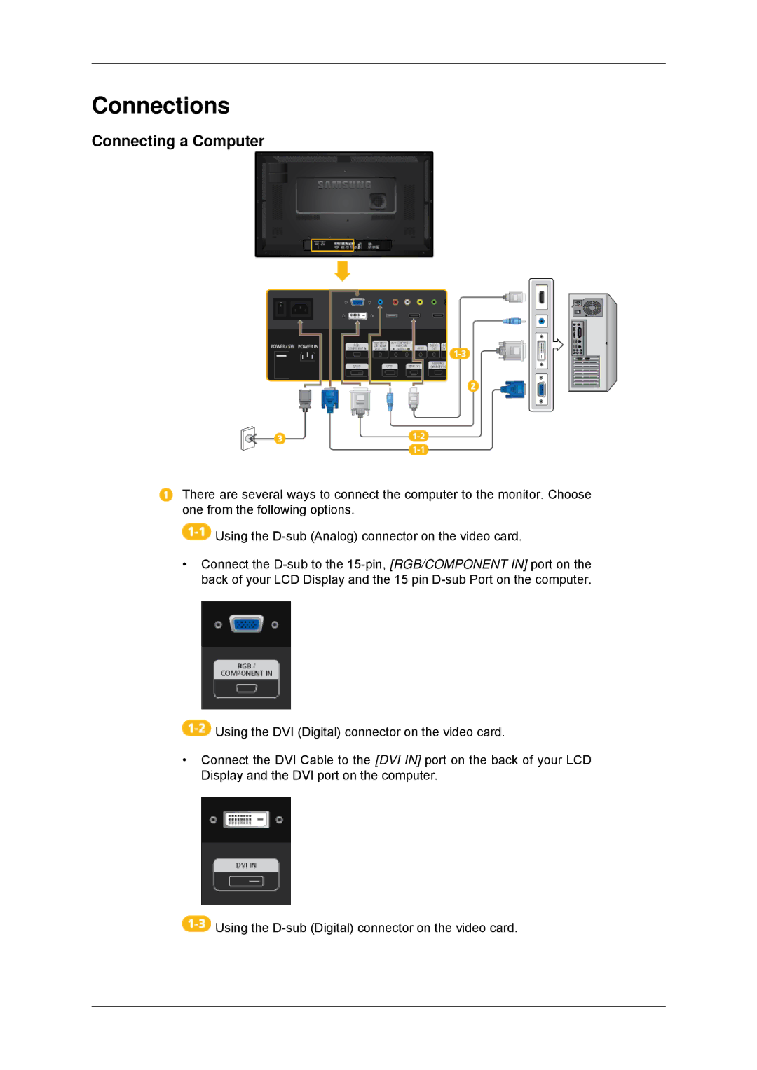 Samsung LH32CRSMBD/EN, LH32CRTMBC/EN, LH32CRSMBC/EN, LH32CRTMBC/XJ, LH32CRSMBD/XJ manual Connections, Connecting a Computer 