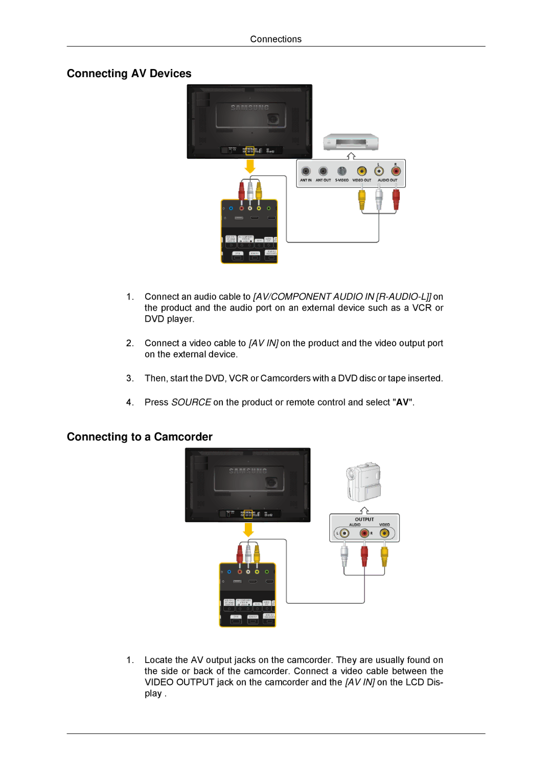 Samsung LH32CRSMBD/XJ, LH32CRTMBC/EN, LH32CRSMBC/EN, LH32CRSMBD/EN manual Connecting AV Devices, Connecting to a Camcorder 