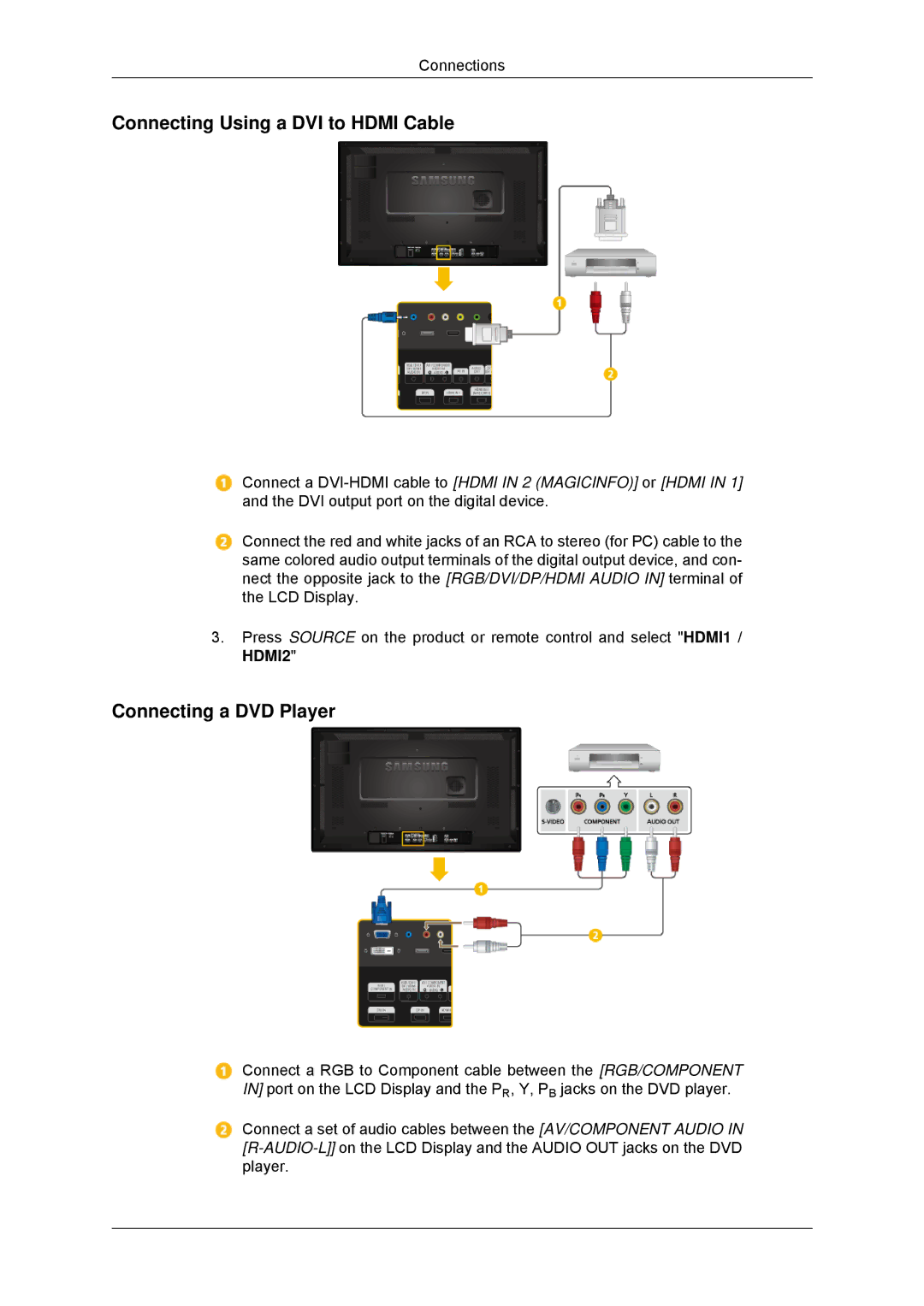 Samsung LH32CRSMBC/EN, LH32CRTMBC/EN, LH32CRSMBD/EN manual Connecting Using a DVI to Hdmi Cable, Connecting a DVD Player 