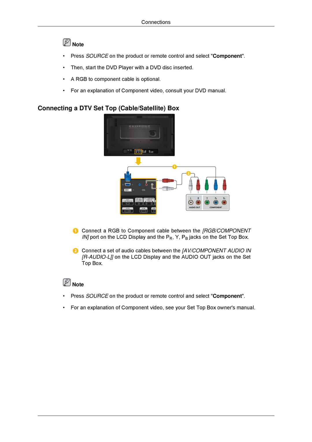 Samsung LH32CRSMBD/EN, LH32CRTMBC/EN, LH32CRSMBC/EN, LH32CRTMBC/XJ manual Connecting a DTV Set Top Cable/Satellite Box 