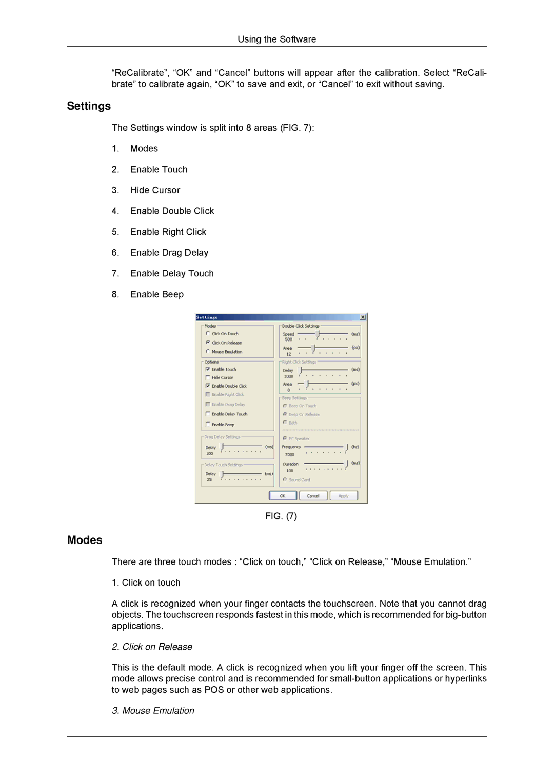 Samsung LH32CRTMBC/EN, LH32CRSMBC/EN, LH32CRSMBD/EN, LH32CRTMBC/XJ manual Settings, Modes, Click on Release, Mouse Emulation 