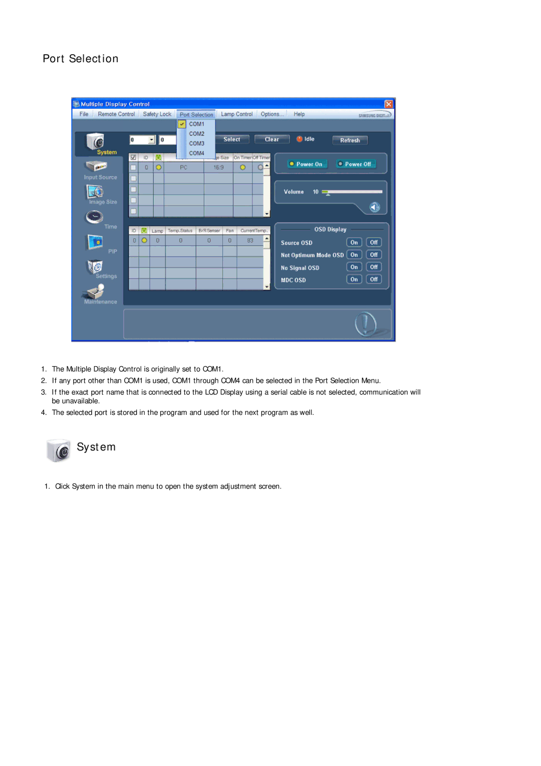 Samsung LH32CRSMBD/EN, LH32CRTMBC/EN, LH32CRSMBC/EN, LH32CRTMBC/XJ, LH32CRSMBD/XJ manual Port Selection, System 