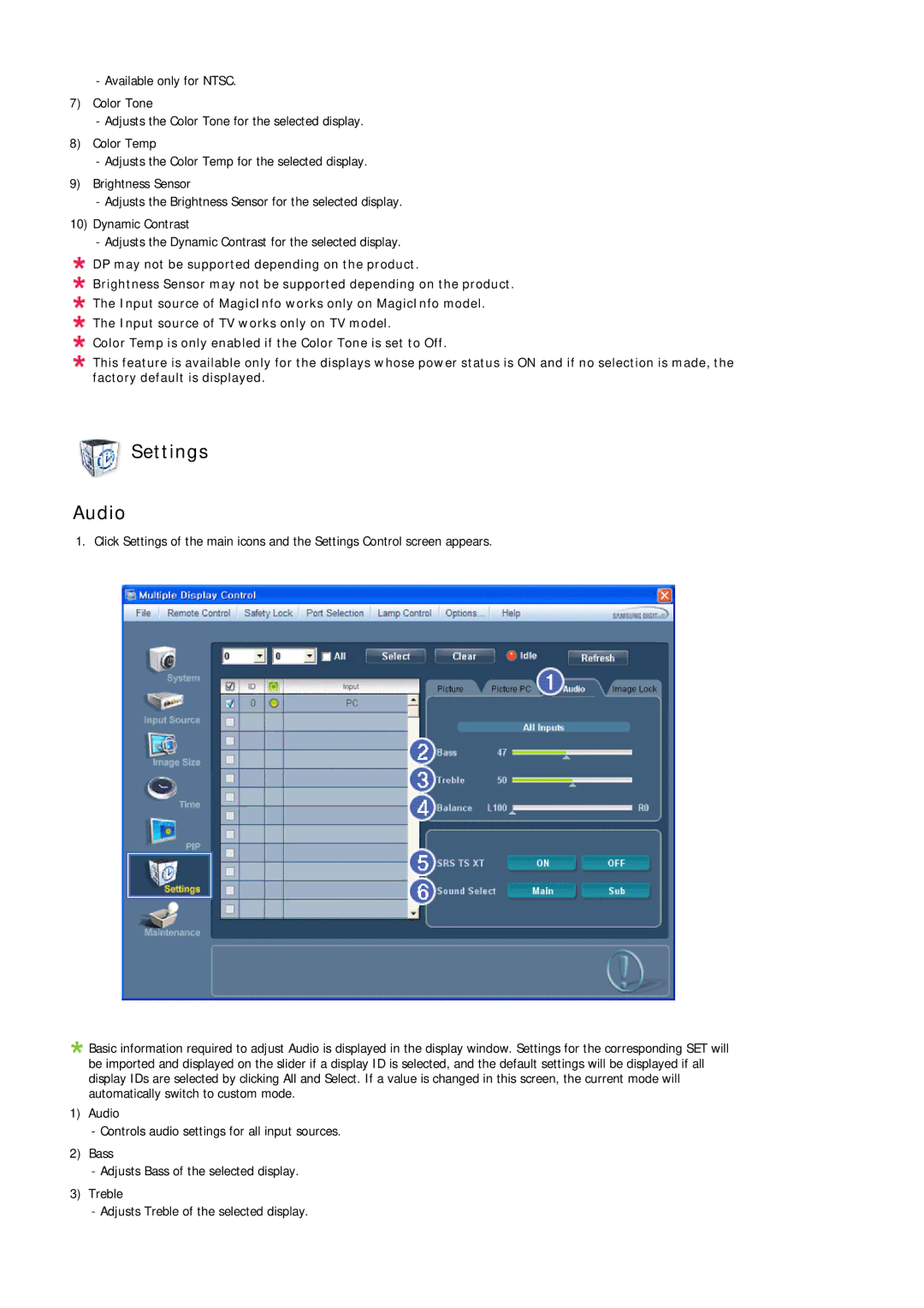 Samsung LH32CRSMBD/XJ, LH32CRTMBC/EN, LH32CRSMBC/EN, LH32CRSMBD/EN, LH32CRTMBC/XJ manual Settings Audio 