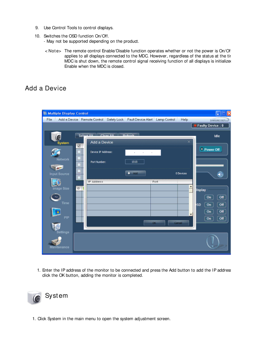 Samsung LH32CRTMBC/XJ, LH32CRTMBC/EN, LH32CRSMBC/EN, LH32CRSMBD/EN, LH32CRSMBD/XJ manual Add a Device, System 