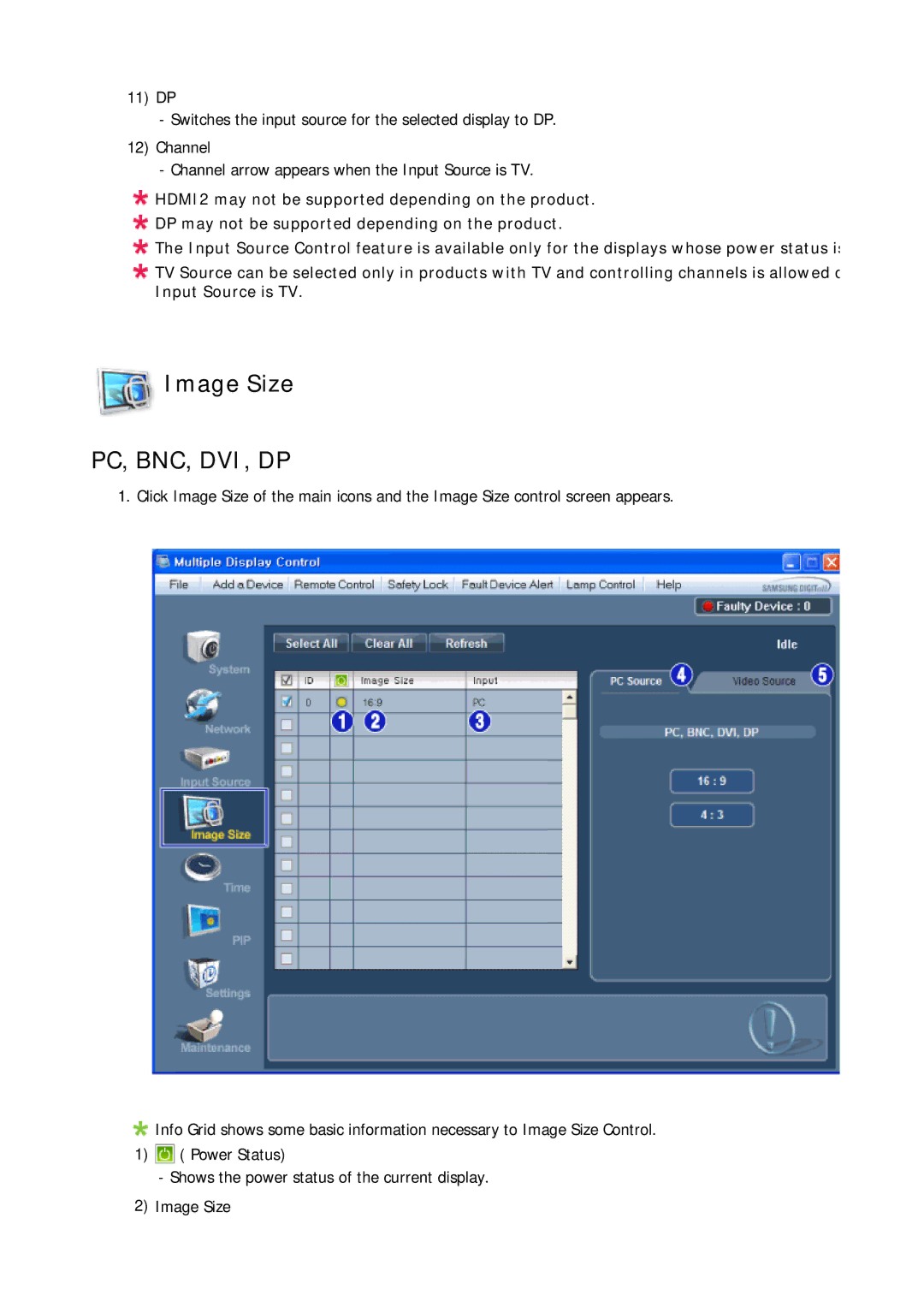 Samsung LH32CRTMBC/EN, LH32CRSMBC/EN, LH32CRSMBD/EN, LH32CRTMBC/XJ, LH32CRSMBD/XJ manual Image Size, Pc, Bnc, Dvi, Dp 