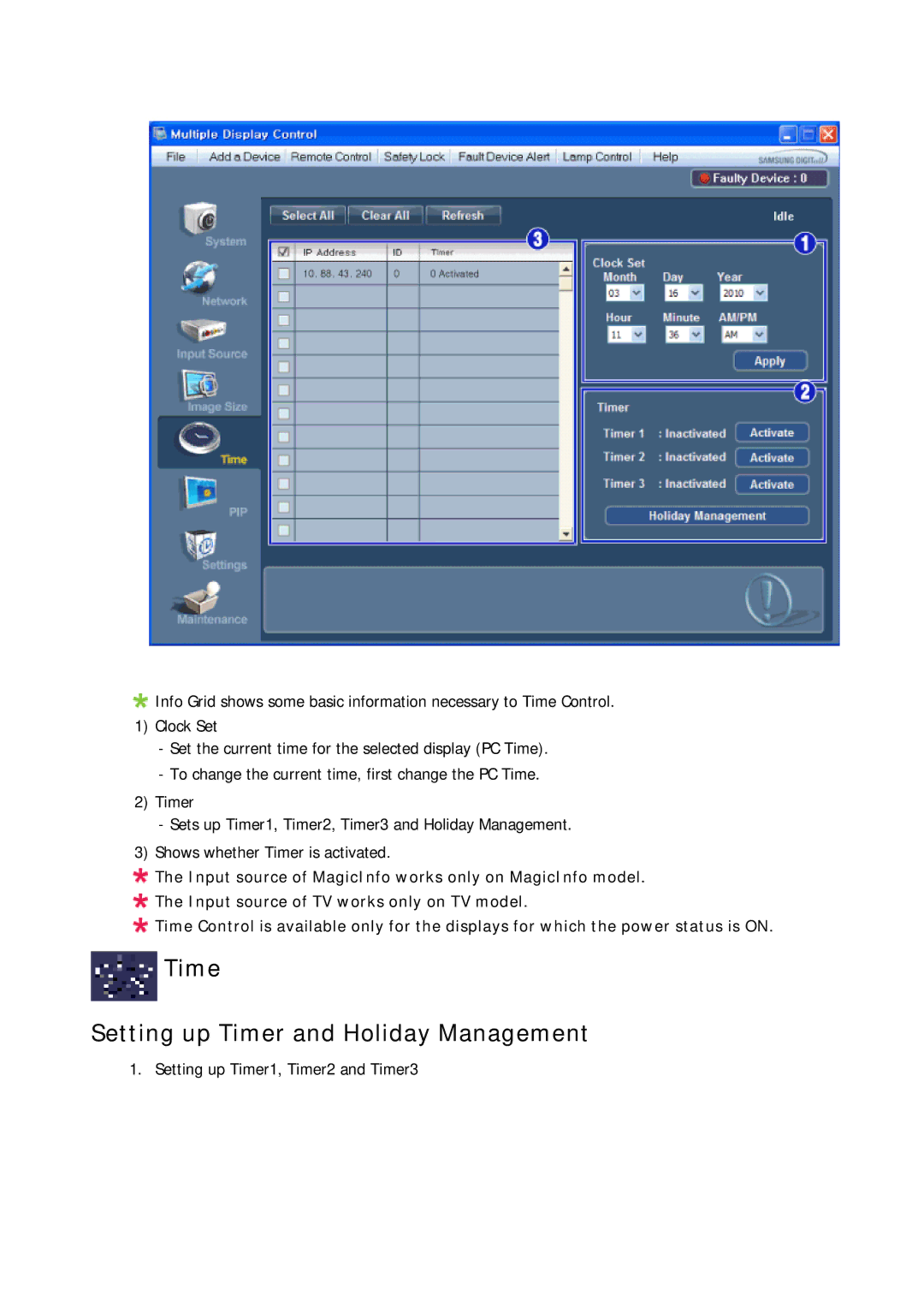 Samsung LH32CRTMBC/XJ, LH32CRTMBC/EN, LH32CRSMBC/EN, LH32CRSMBD/EN manual Time Setting up Timer and Holiday Management 