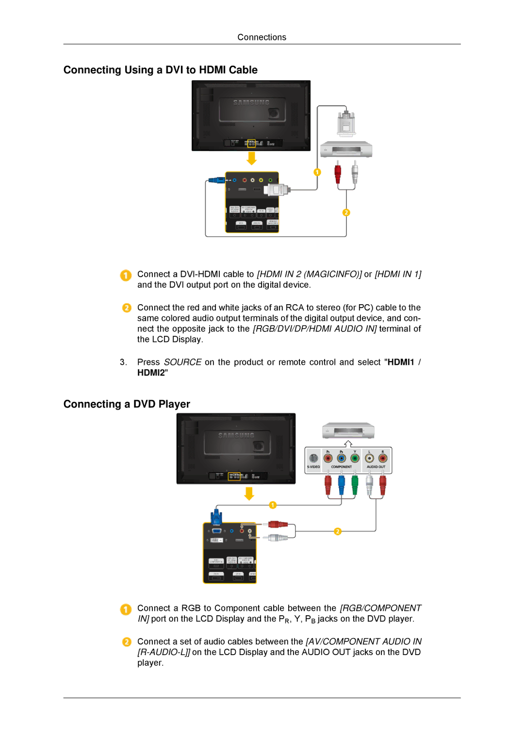 Samsung LH32CRTMBC/XJ, LH32CRTMBC/EN, LH32CRSMBC/EN manual Connecting Using a DVI to Hdmi Cable, Connecting a DVD Player 