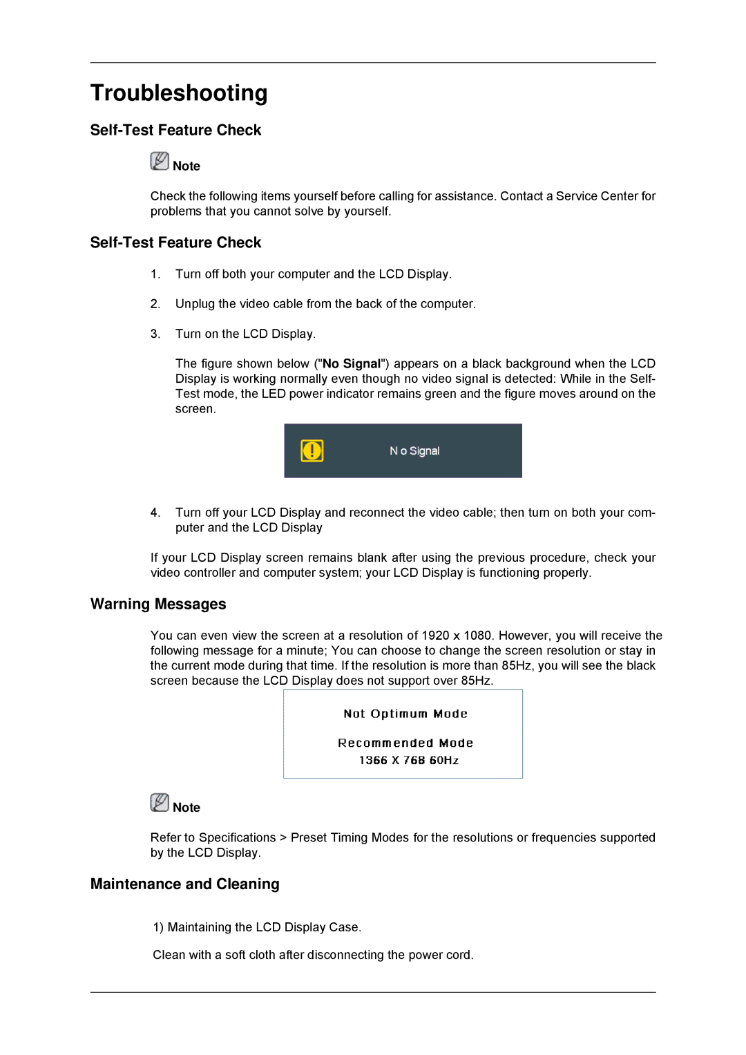 Samsung LH32CRTMBC/EN, LH32CRSMBC/EN, LH32CRSMBD/EN, LH32CRTMBC/XJ manual Self-Test Feature Check, Maintenance and Cleaning 