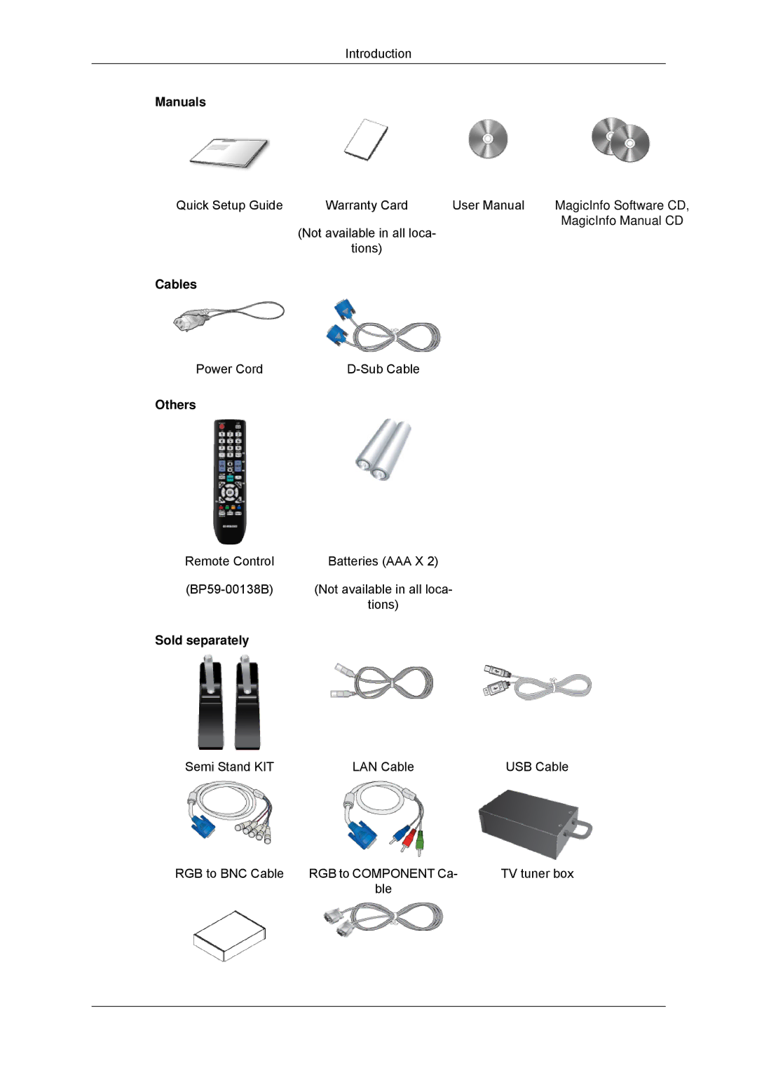 Samsung LH32CRTMBC/XJ, LH32CRTMBC/EN, LH32CRSMBC/EN, LH32CRSMBD/EN, LH32CRSMBD/XJ, LH32CRSMBD/NG, LH32CRSMBD/XY manual Cables 