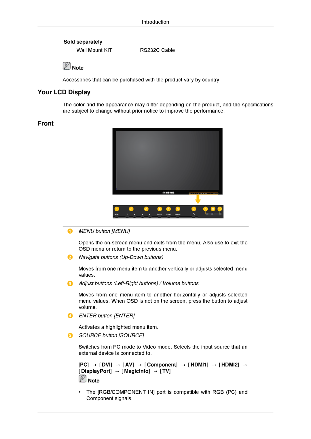 Samsung LH32CRSMBD/XJ, LH32CRTMBC/EN, LH32CRSMBC/EN, LH32CRSMBD/EN, LH32CRTMBC/XJ, LH32CRSMBD/NG manual Your LCD Display, Front 