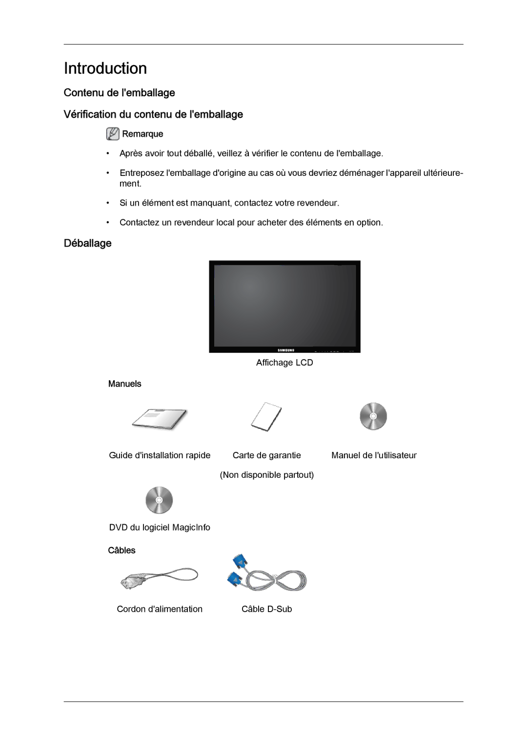 Samsung LH32CRSMBC/EN manual Contenu de lemballage Vérification du contenu de lemballage, Déballage, Manuels, Câbles 