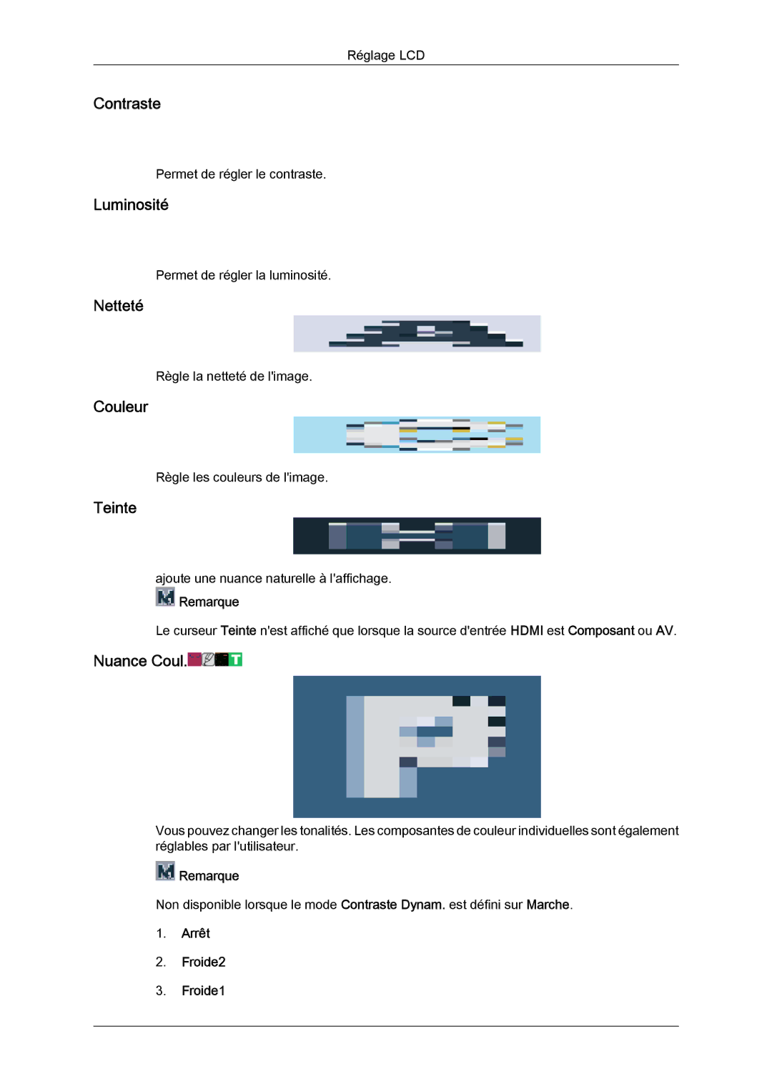 Samsung LH32CRSMBD/EN, LH32CRTMBC/EN, LH32CRSMBC/EN manual Contraste, Luminosité, Netteté, Couleur, Teinte 