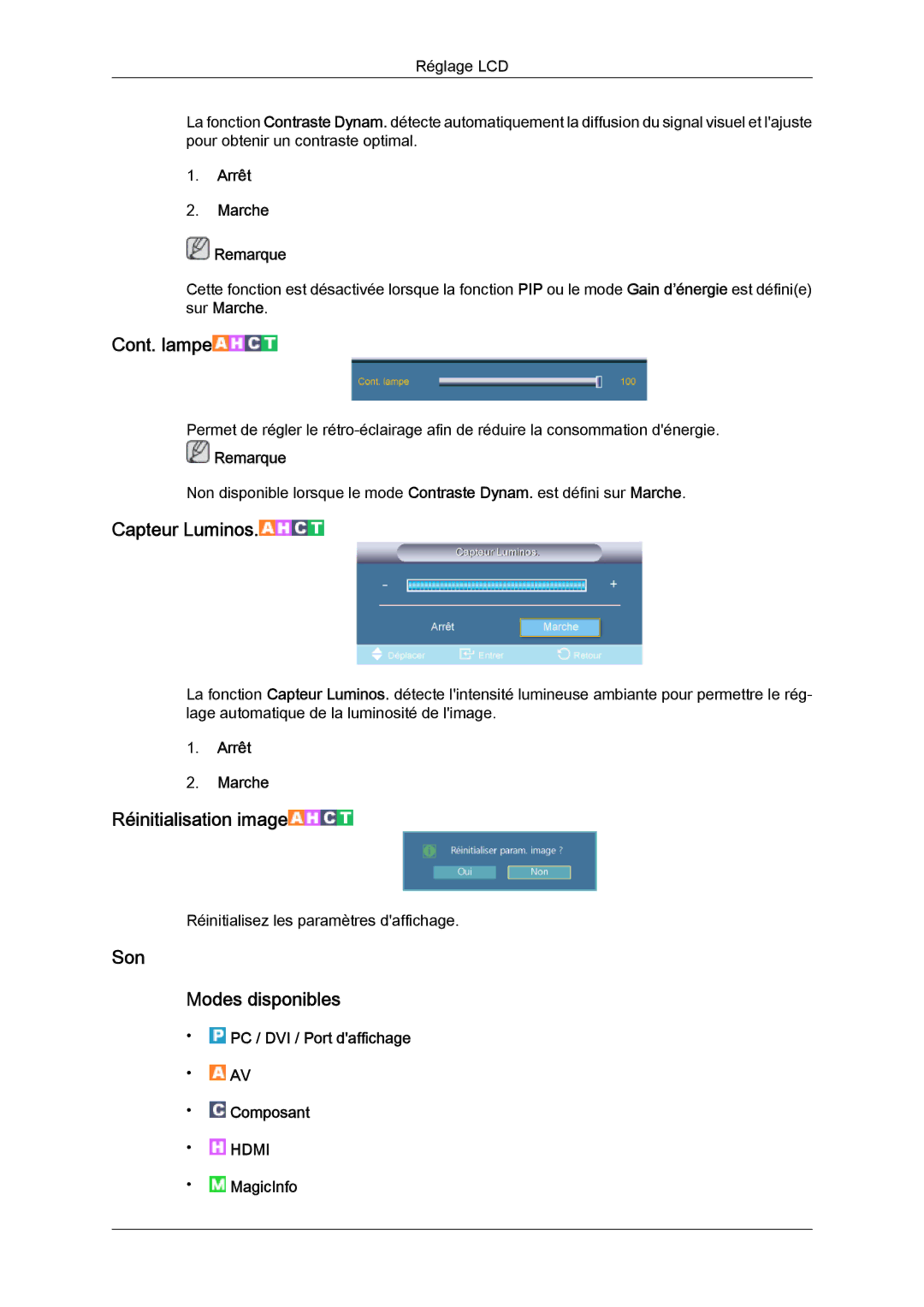 Samsung LH32CRTMBC/EN, LH32CRSMBC/EN, LH32CRSMBD/EN manual Cont. lampe, Son Modes disponibles 
