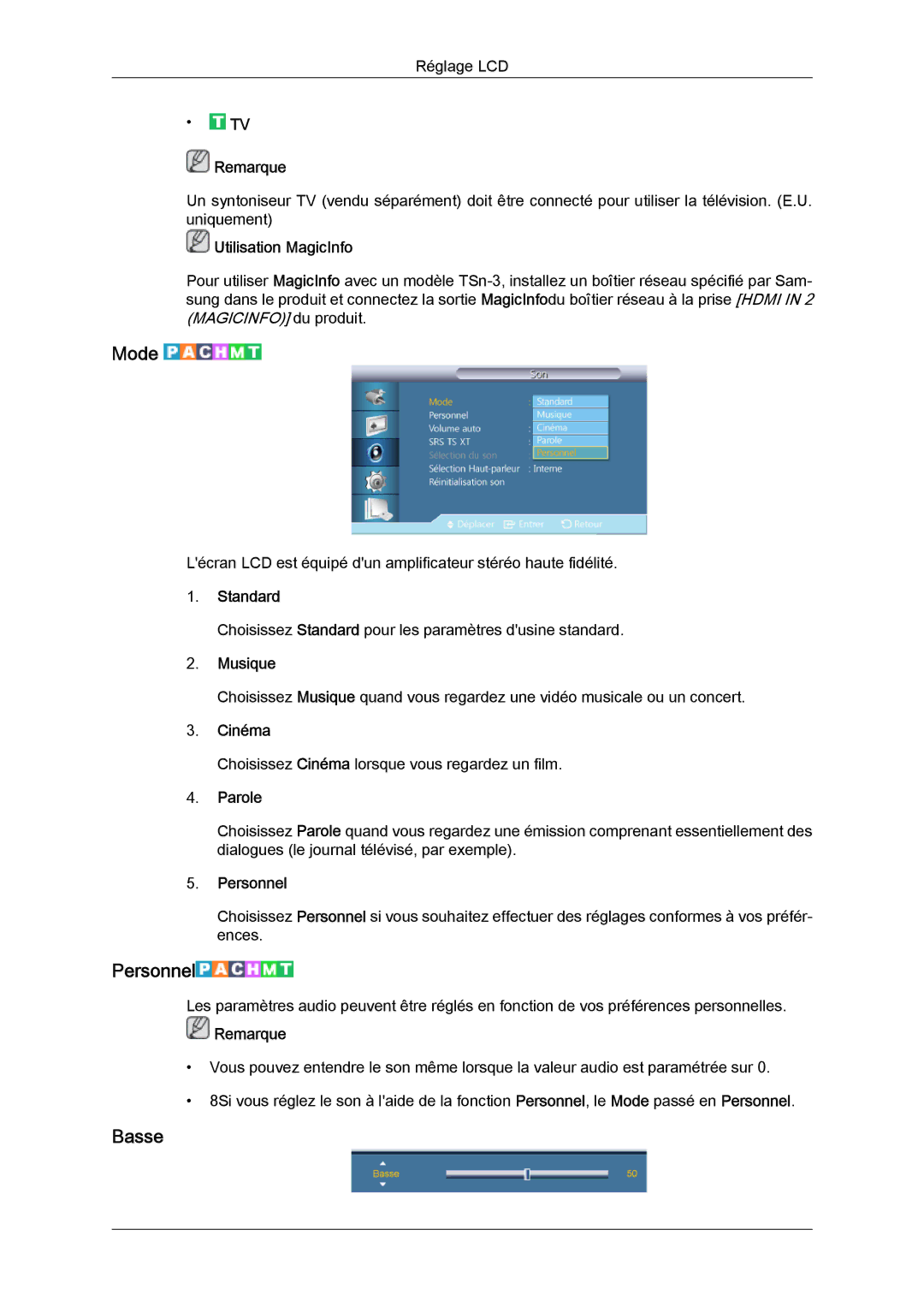 Samsung LH32CRSMBC/EN, LH32CRTMBC/EN, LH32CRSMBD/EN manual Basse, Musique, Parole 