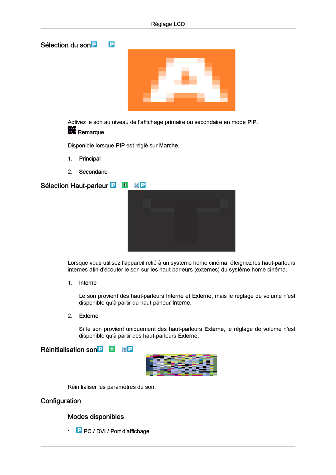 Samsung LH32CRTMBC/EN Sélection du son, Sélection Haut-parleur, Réinitialisation son, Configuration Modes disponibles 