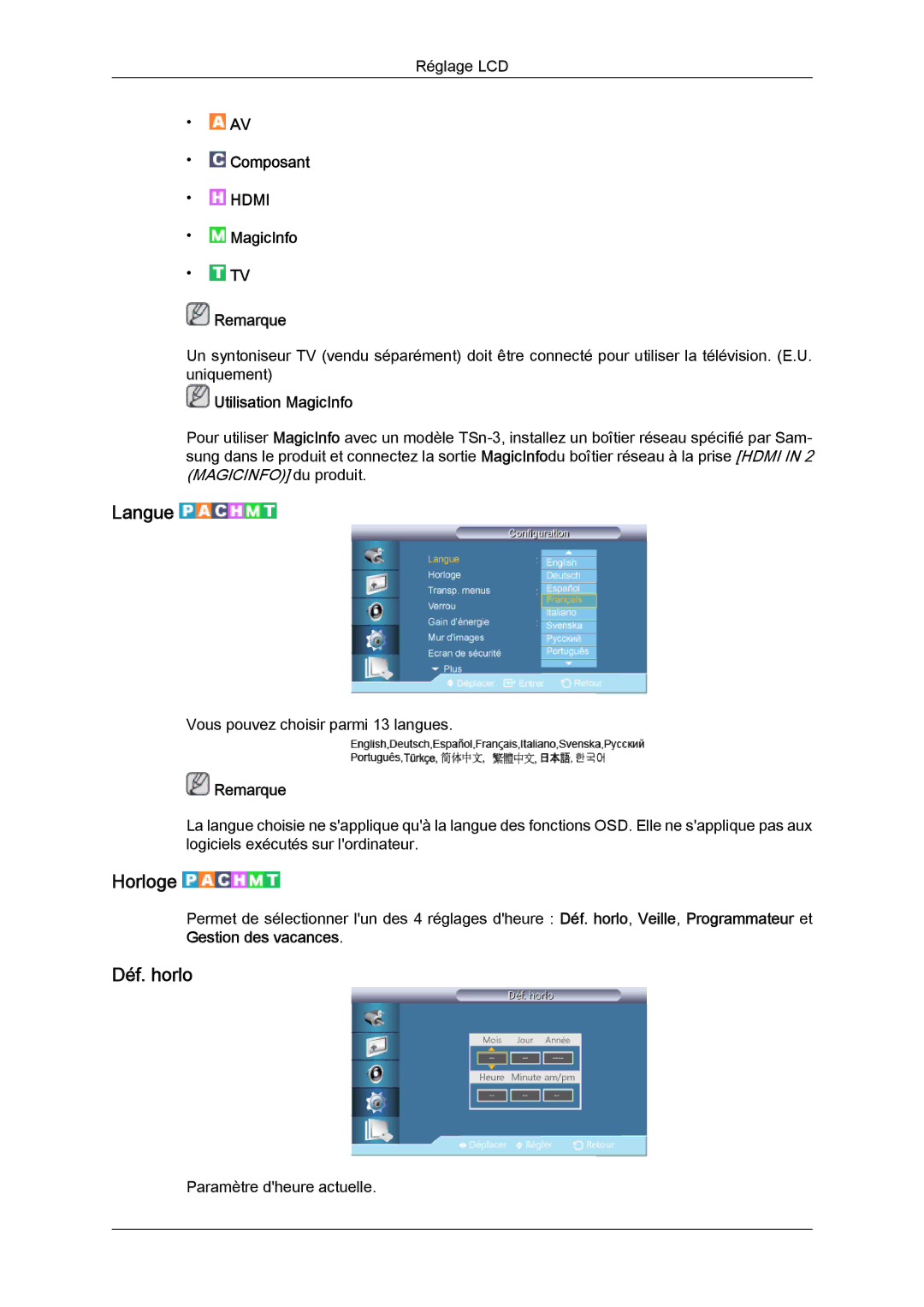 Samsung LH32CRSMBC/EN, LH32CRTMBC/EN, LH32CRSMBD/EN manual Langue, Horloge, Déf. horlo 