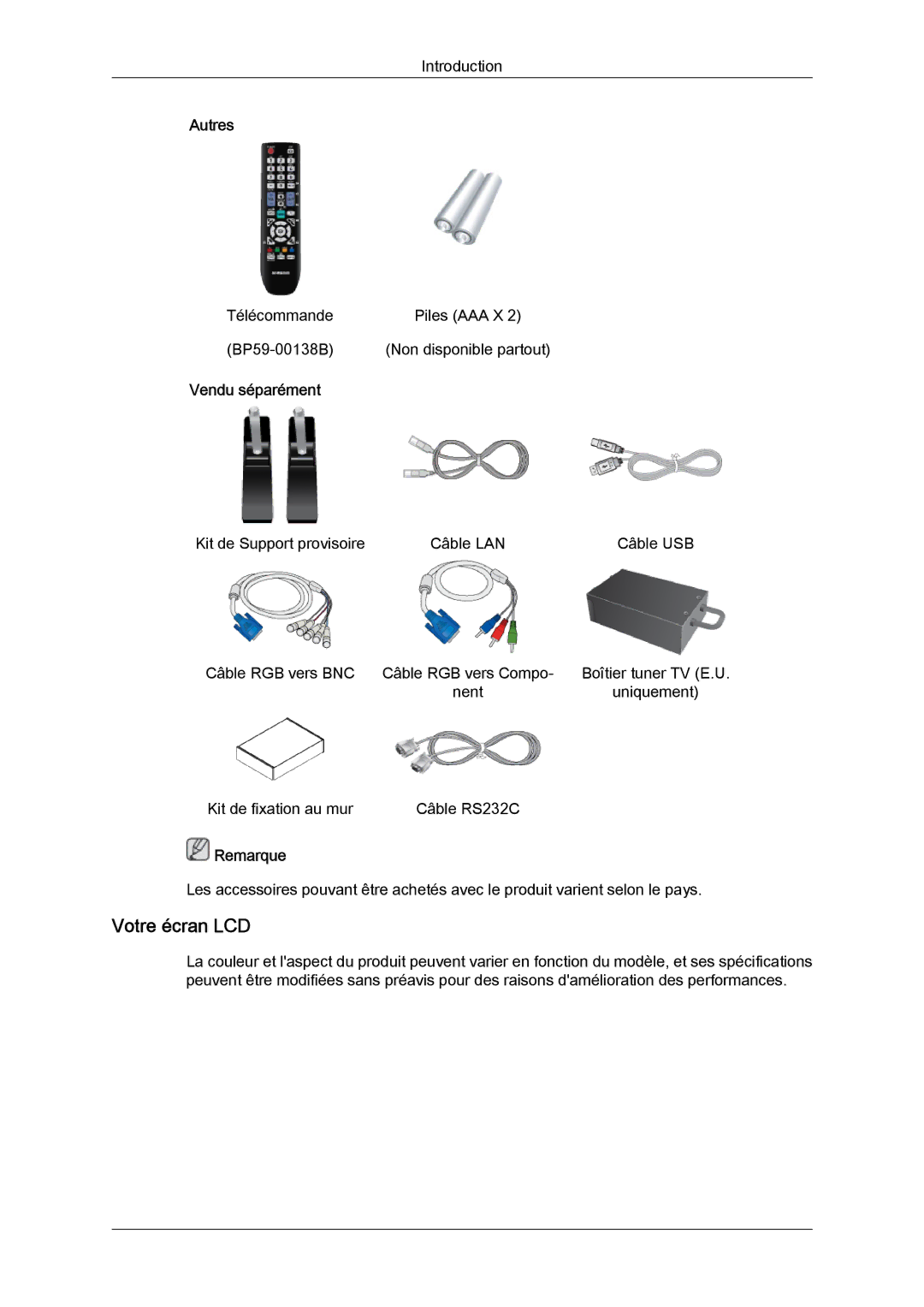 Samsung LH32CRSMBD/EN, LH32CRTMBC/EN, LH32CRSMBC/EN manual Votre écran LCD, Autres, Vendu séparément 