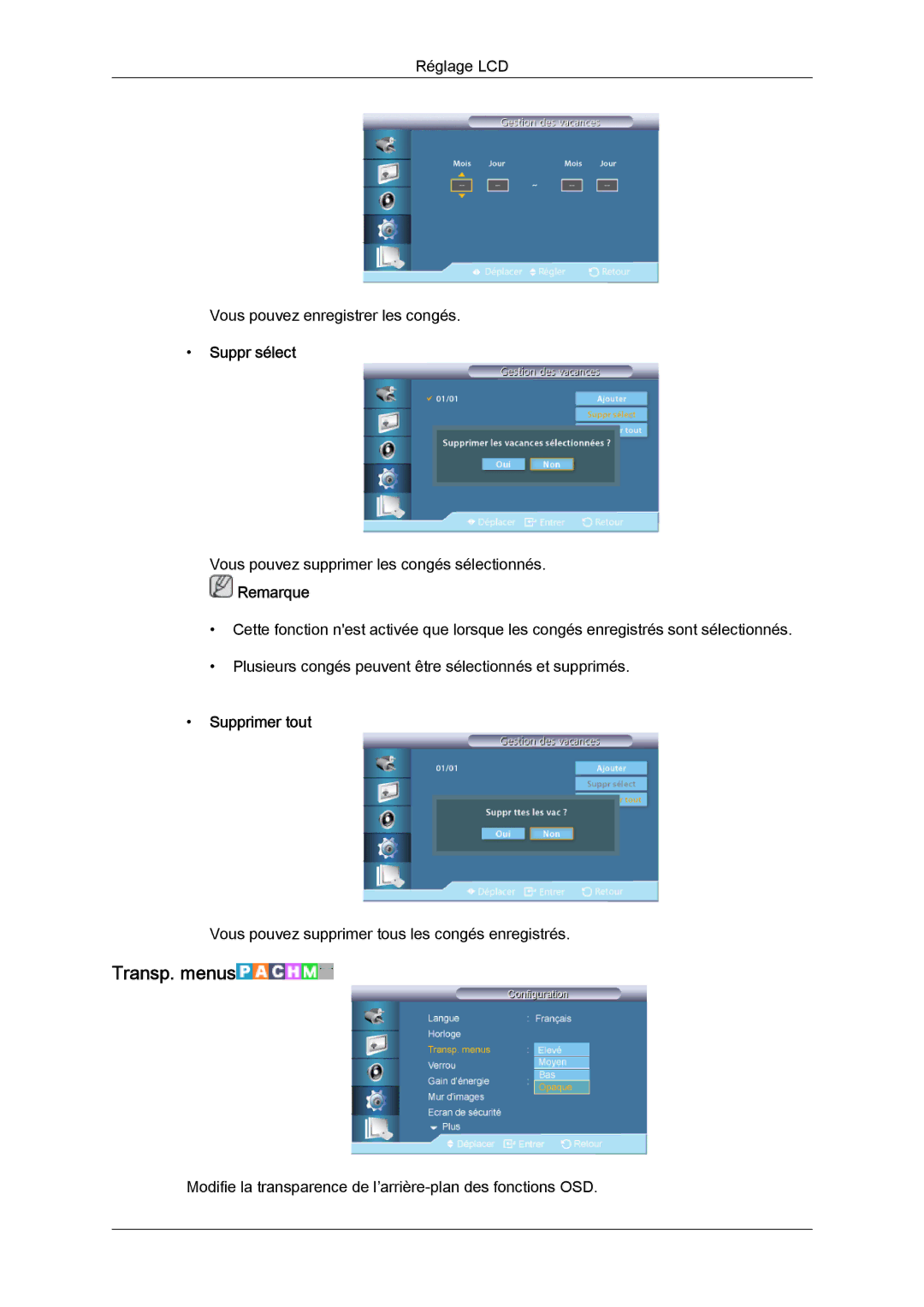 Samsung LH32CRTMBC/EN, LH32CRSMBC/EN, LH32CRSMBD/EN manual Transp. menus, Suppr sélect, Supprimer tout 