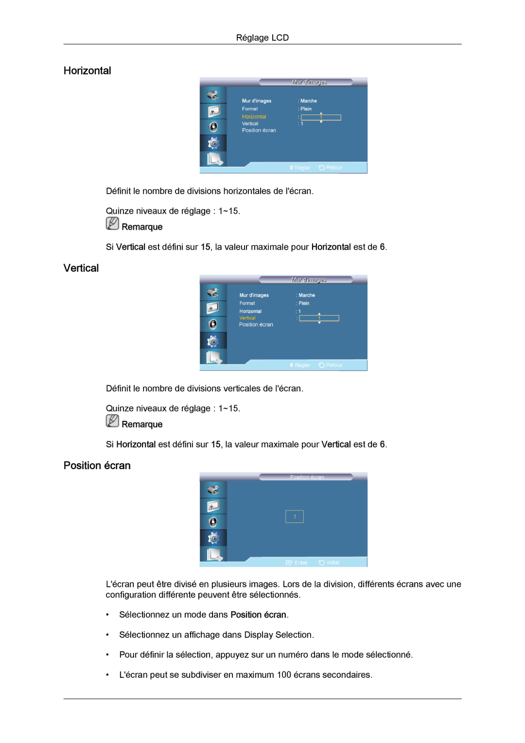 Samsung LH32CRTMBC/EN, LH32CRSMBC/EN, LH32CRSMBD/EN manual Horizontal, Vertical, Position écran 