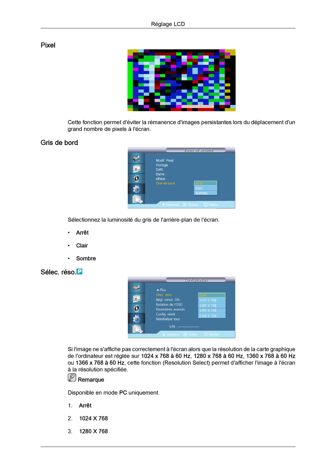 Samsung LH32CRSMBC/EN, LH32CRTMBC/EN manual Pixel, Gris de bord, Sélec. réso, Arrêt Clair Sombre, Arrêt 1024 X 1280 X 