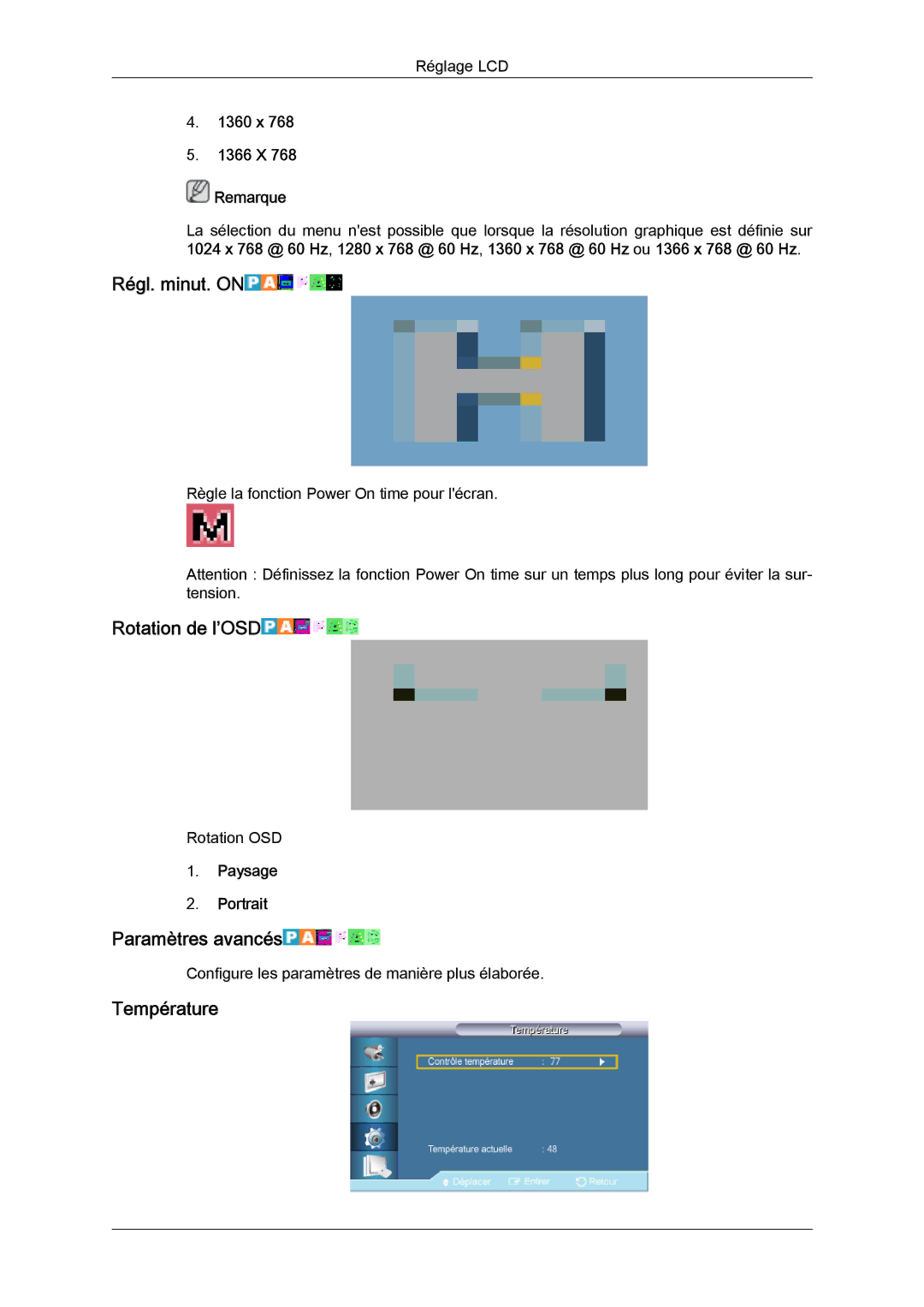 Samsung LH32CRSMBD/EN, LH32CRTMBC/EN, LH32CRSMBC/EN Régl. minut. on, Rotation de l’OSD, Paramètres avancés, Température 