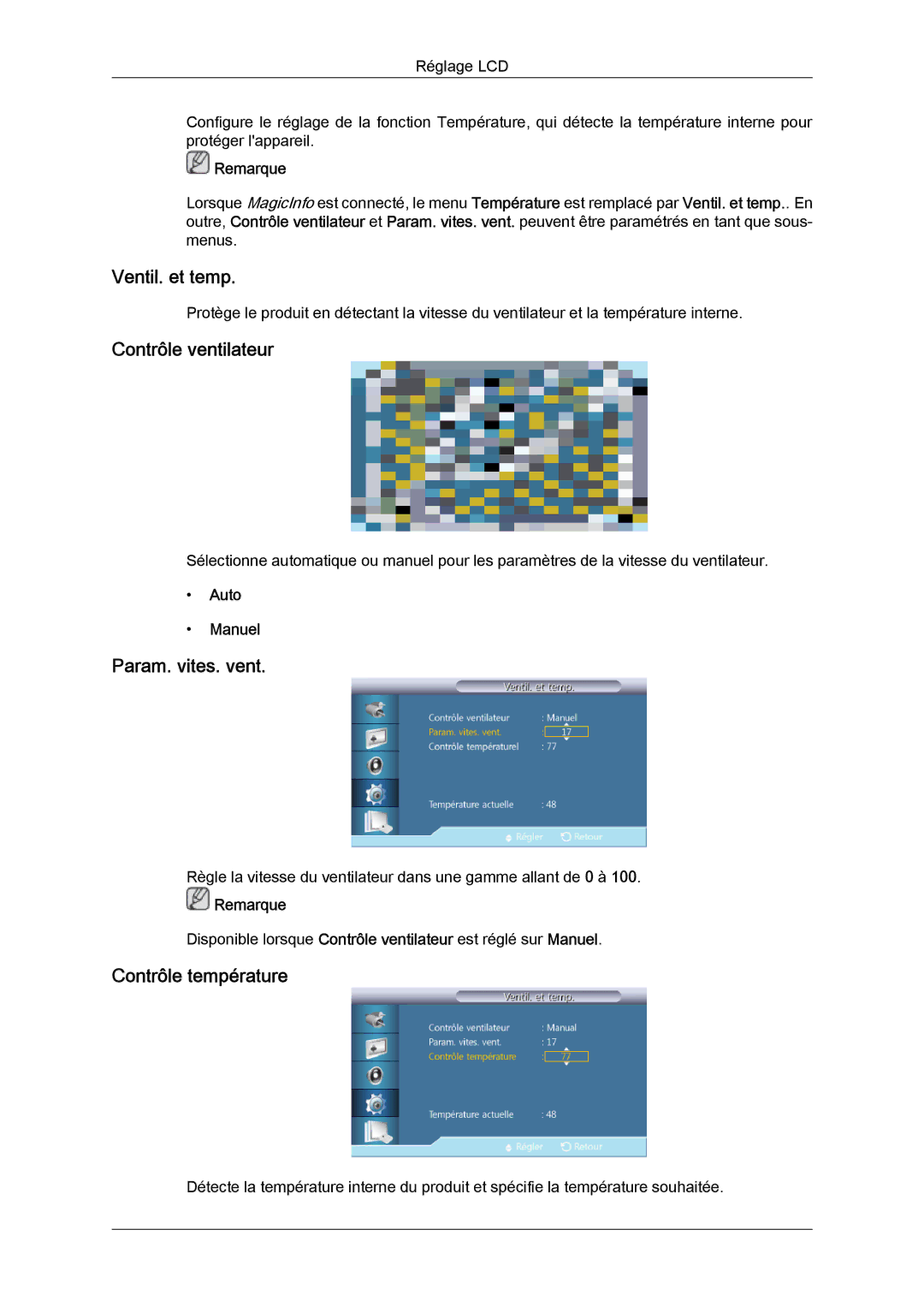 Samsung LH32CRTMBC/EN manual Ventil. et temp, Contrôle ventilateur, Param. vites. vent, Contrôle température, Auto Manuel 