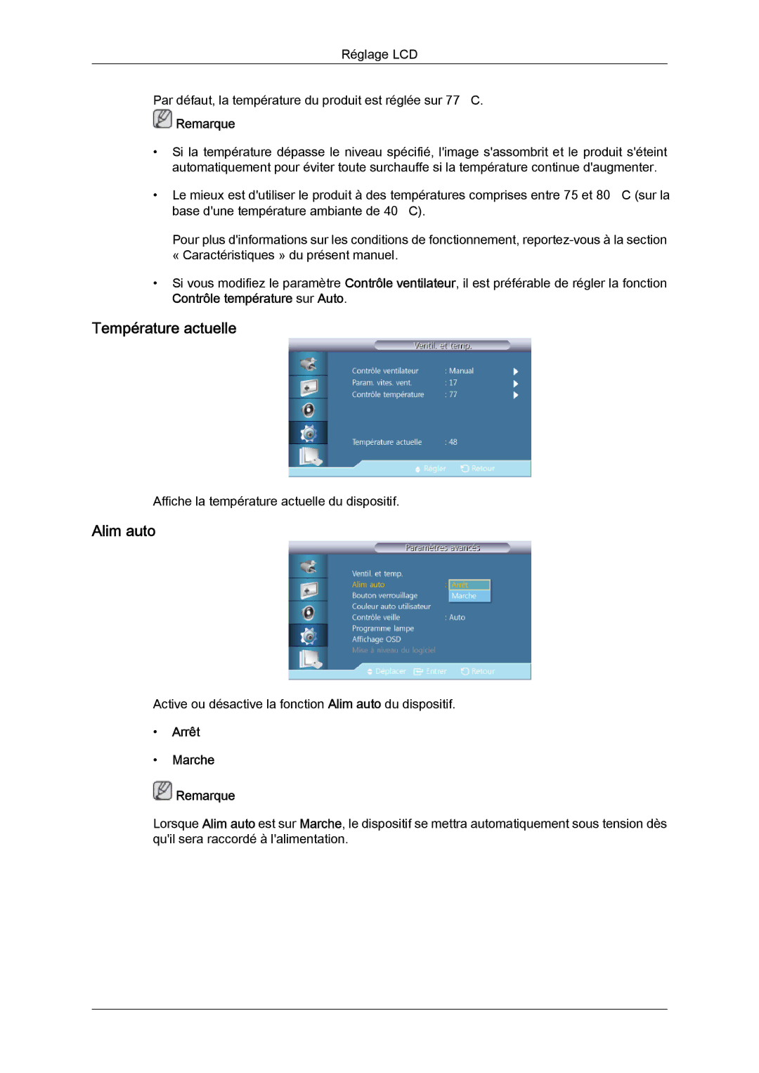 Samsung LH32CRSMBC/EN, LH32CRTMBC/EN, LH32CRSMBD/EN manual Température actuelle, Alim auto 