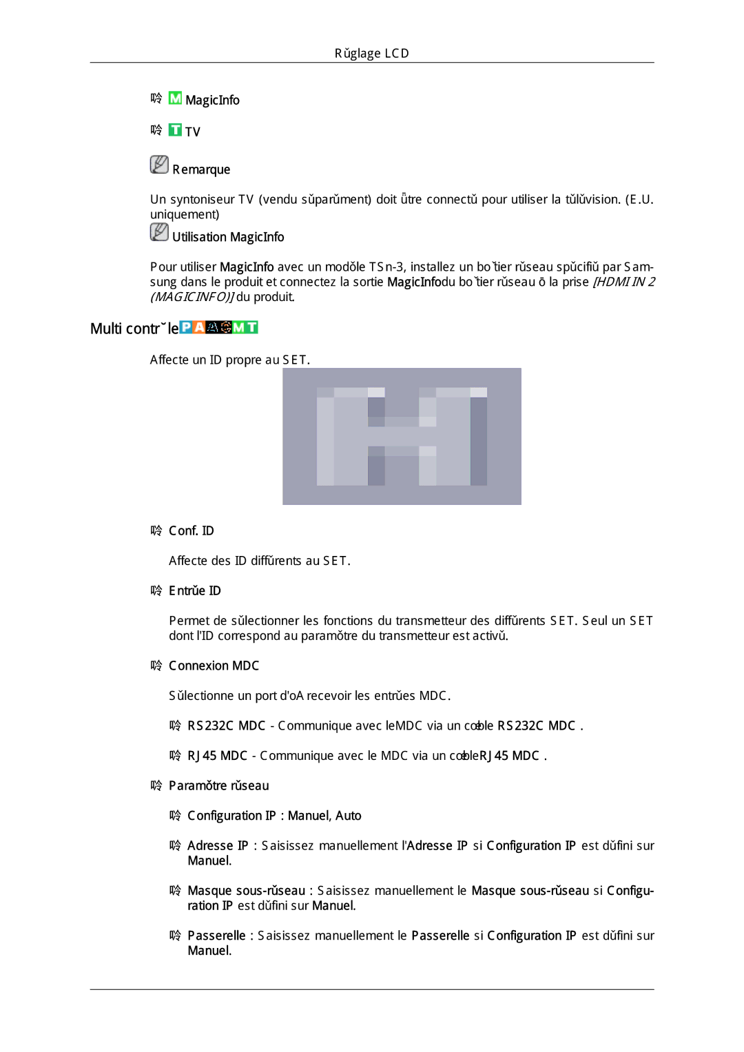 Samsung LH32CRTMBC/EN Multi contrôle, Conf. ID, Entrée ID, Connexion MDC, Paramètre réseau Configuration IP Manuel, Auto 