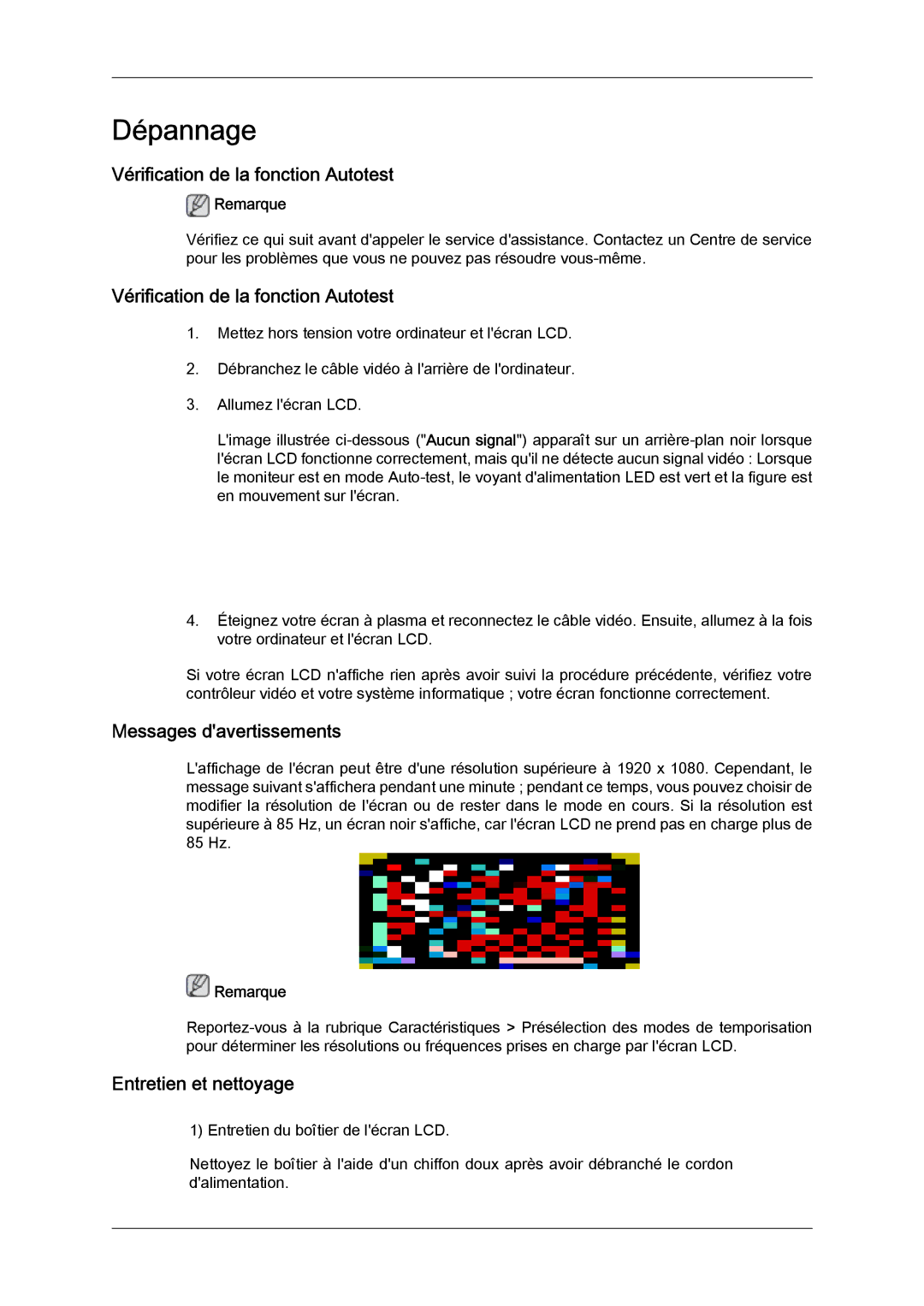 Samsung LH32CRSMBD/EN manual Vérification de la fonction Autotest, Messages davertissements, Entretien et nettoyage 