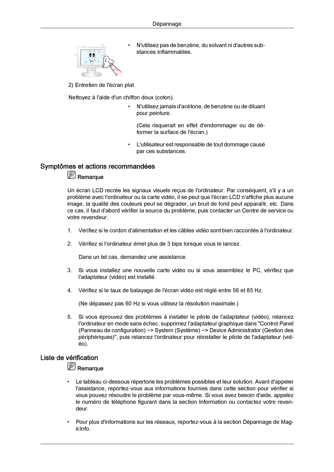 Samsung LH32CRTMBC/EN, LH32CRSMBC/EN, LH32CRSMBD/EN manual Symptômes et actions recommandées, Liste de vérification 