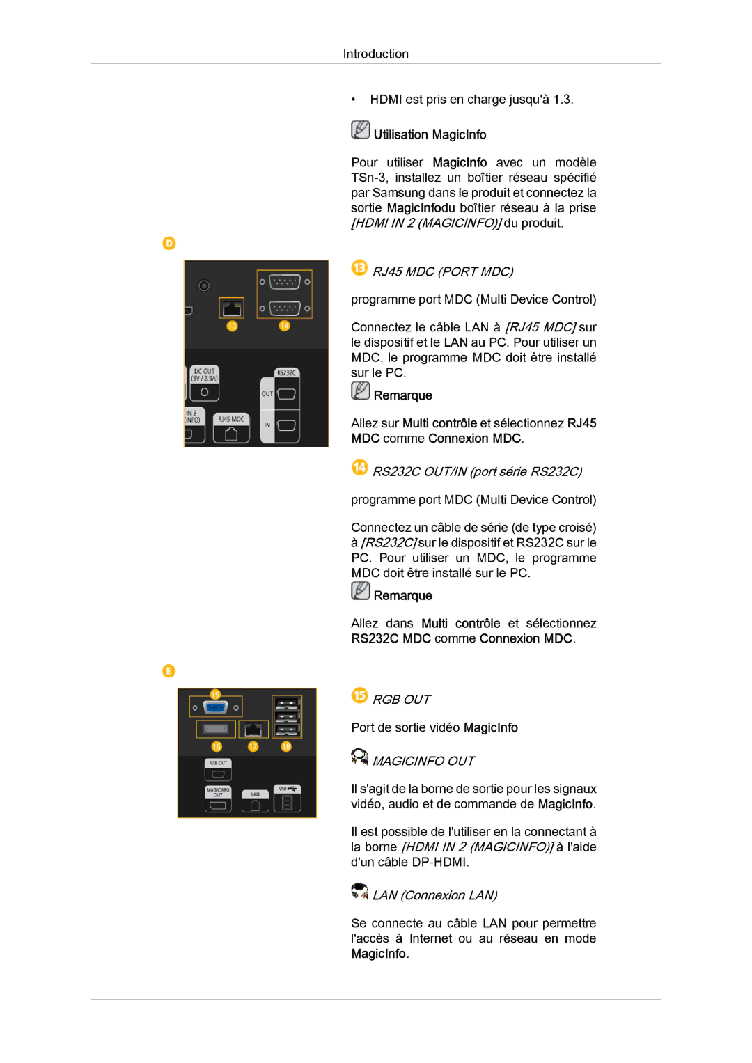 Samsung LH32CRSMBC/EN, LH32CRTMBC/EN, LH32CRSMBD/EN manual RS232C OUT/IN port série RS232C, LAN Connexion LAN 