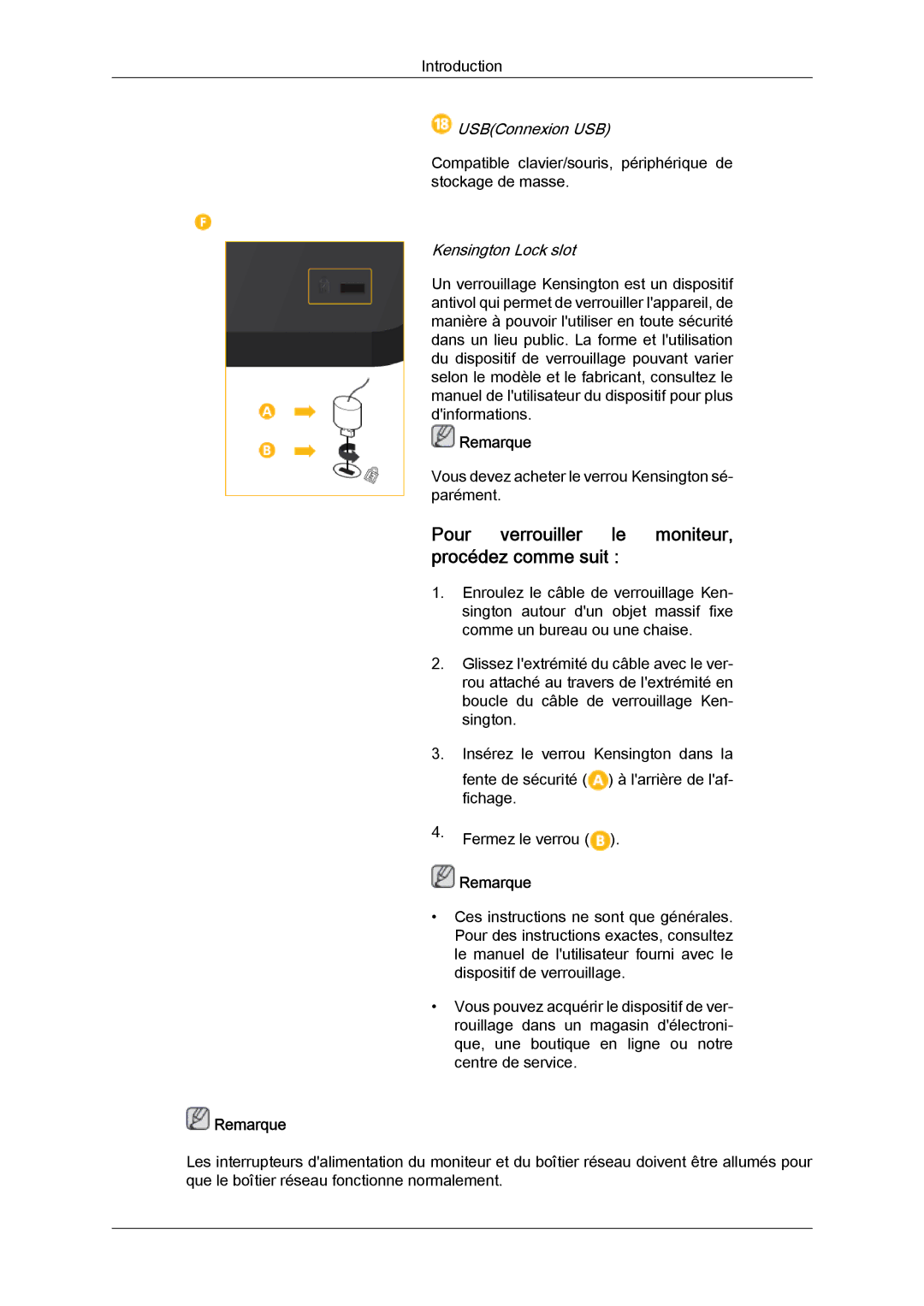 Samsung LH32CRSMBD/EN manual Pour verrouiller le moniteur, procédez comme suit, USBConnexion USB, Kensington Lock slot 