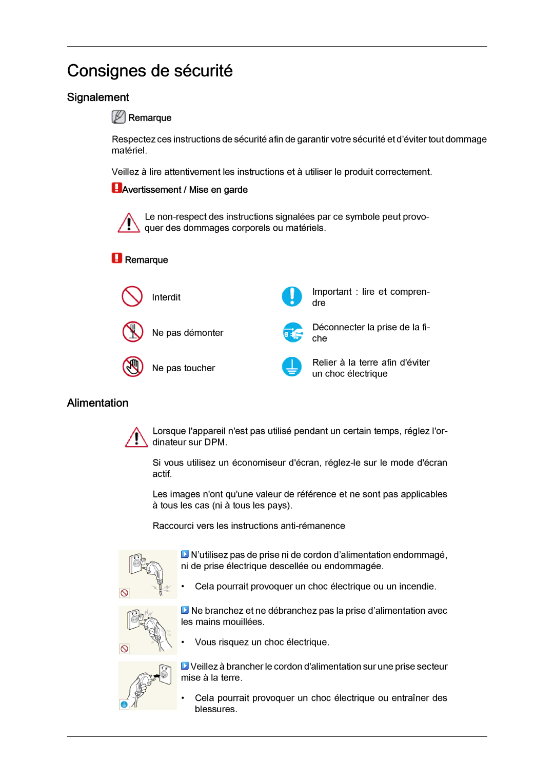 Samsung LH32CRSMBD/EN, LH32CRTMBC/EN, LH32CRSMBC/EN manual Signalement, Alimentation, Remarque, Avertissement / Mise en garde 