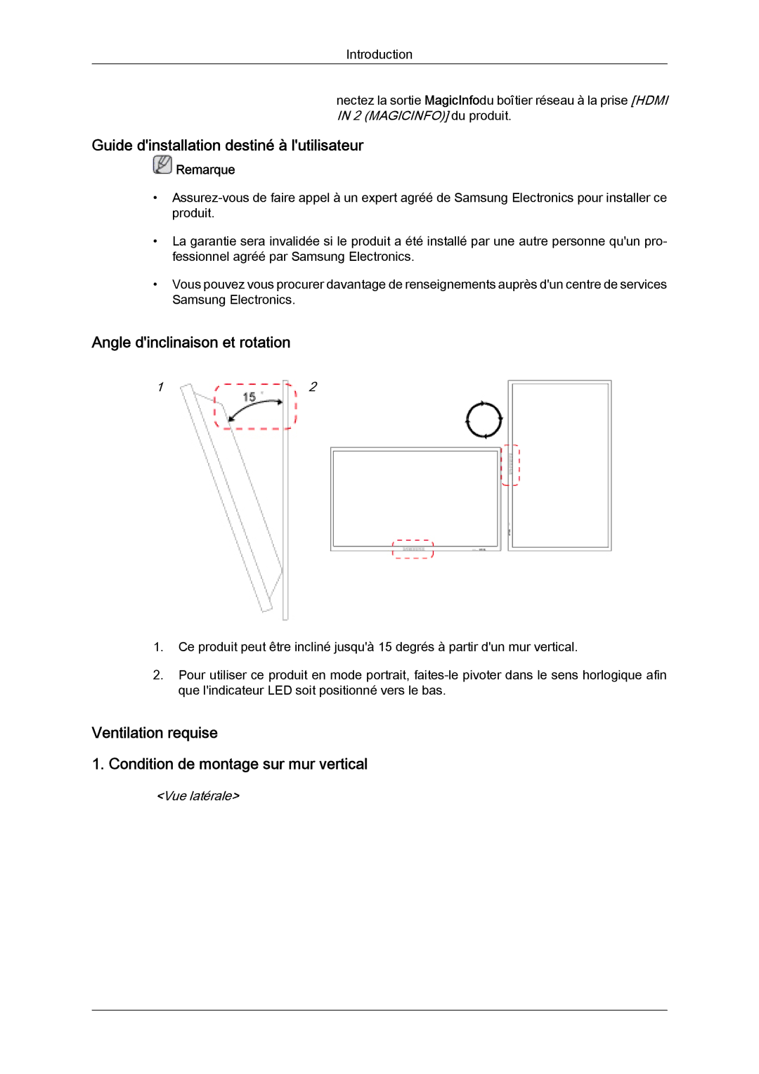 Samsung LH32CRTMBC/EN manual Guide dinstallation destiné à lutilisateur, Angle dinclinaison et rotation, Vue latérale 