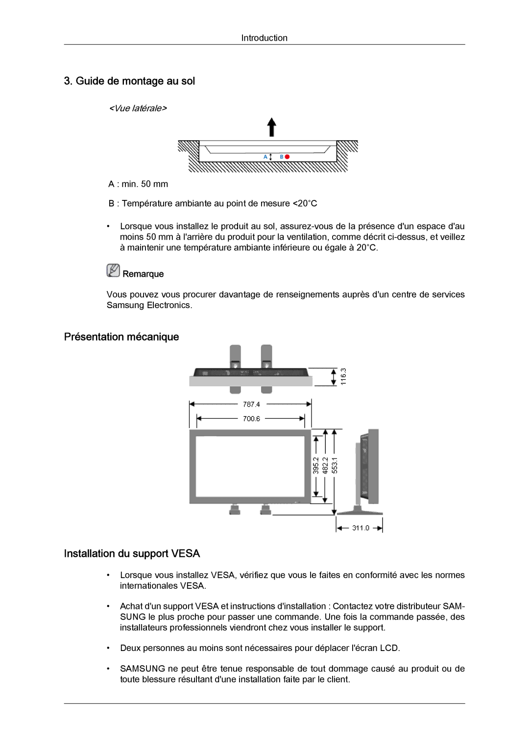 Samsung LH32CRSMBD/EN, LH32CRTMBC/EN manual Guide de montage au sol, Présentation mécanique Installation du support Vesa 