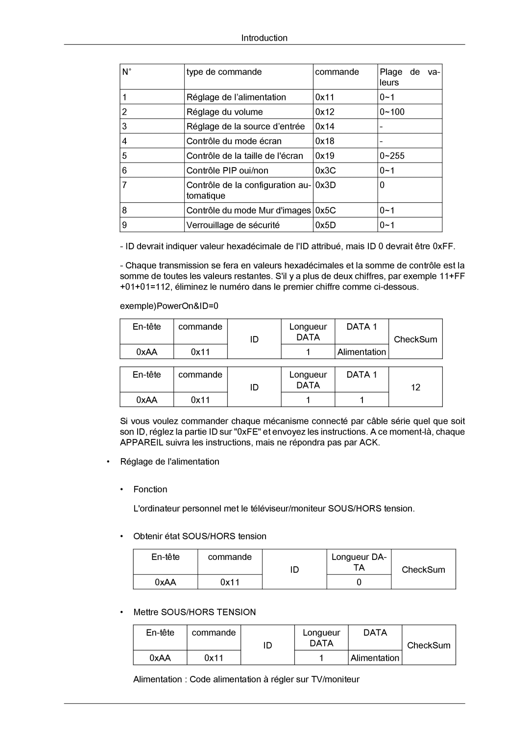 Samsung LH32CRSMBD/EN, LH32CRTMBC/EN, LH32CRSMBC/EN manual 0xAA 0x11 Alimentation En-tête Commande Longueur 