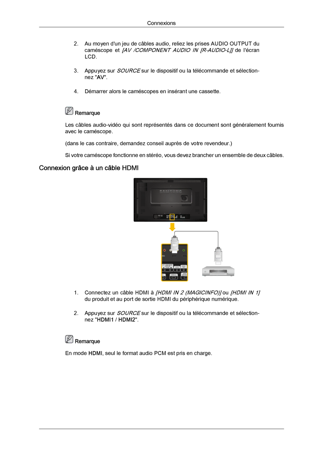 Samsung LH32CRSMBD/EN, LH32CRTMBC/EN, LH32CRSMBC/EN manual Connexion grâce à un câble Hdmi 