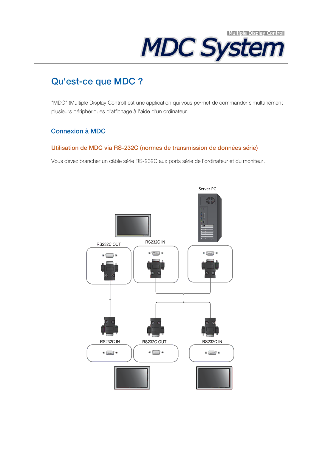 Samsung LH32CRSMBD/EN, LH32CRTMBC/EN, LH32CRSMBC/EN manual Quest-ce que MDC ?, Connexion à MDC 