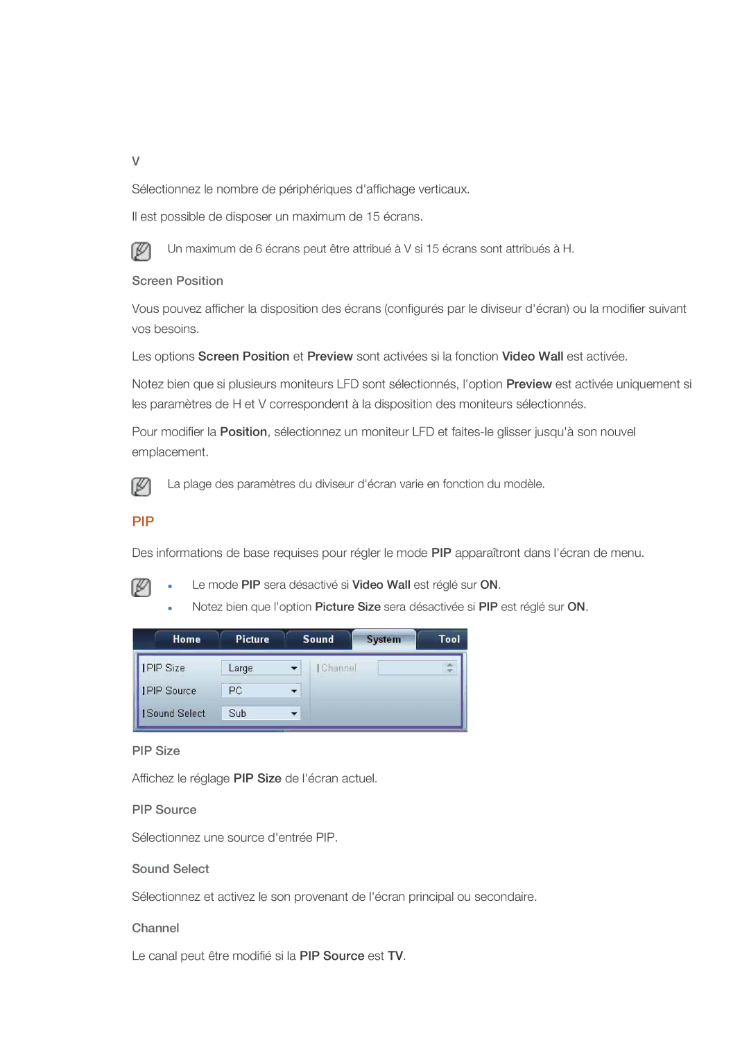 Samsung LH32CRTMBC/EN, LH32CRSMBC/EN, LH32CRSMBD/EN manual Screen Position, PIP Size, PIP Source, Sound Select, Channel 