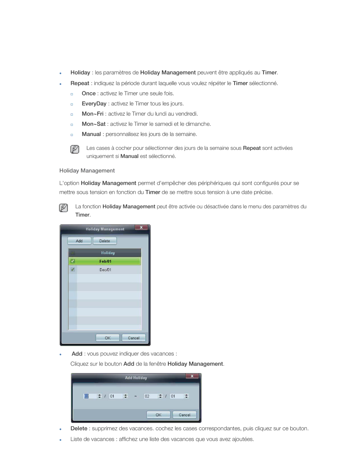 Samsung LH32CRSMBC/EN, LH32CRTMBC/EN, LH32CRSMBD/EN manual Holiday Management 