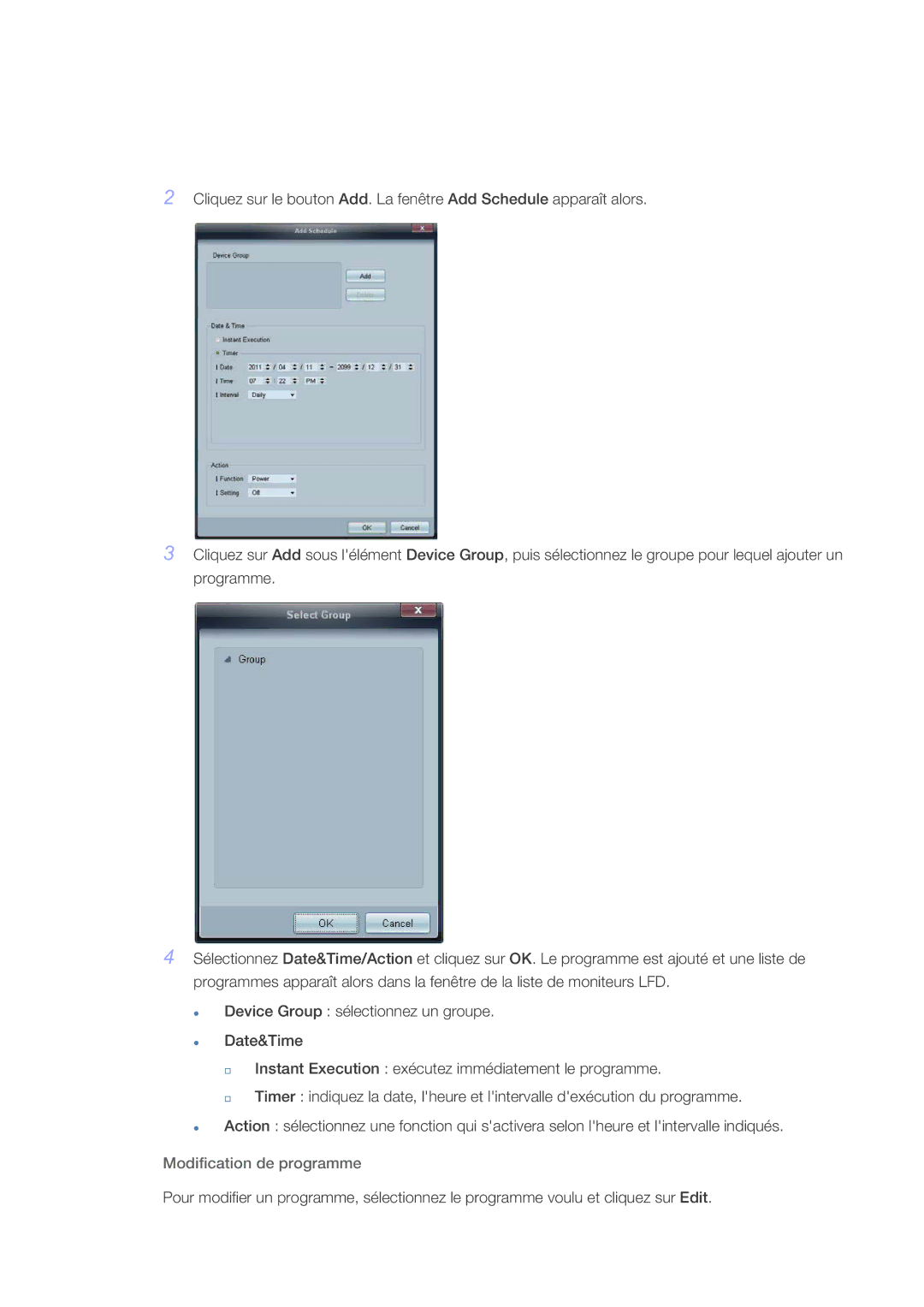 Samsung LH32CRTMBC/EN, LH32CRSMBC/EN, LH32CRSMBD/EN manual Modification de programme 