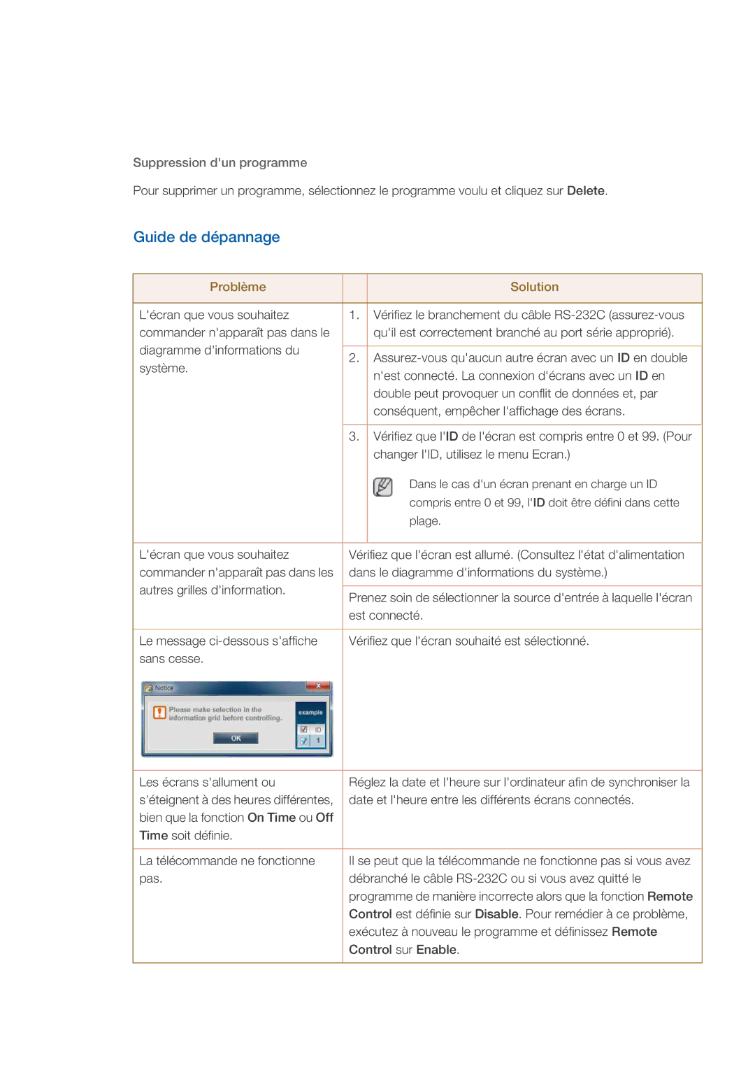 Samsung LH32CRSMBC/EN, LH32CRTMBC/EN, LH32CRSMBD/EN manual Guide de dépannage, Suppression dun programme 