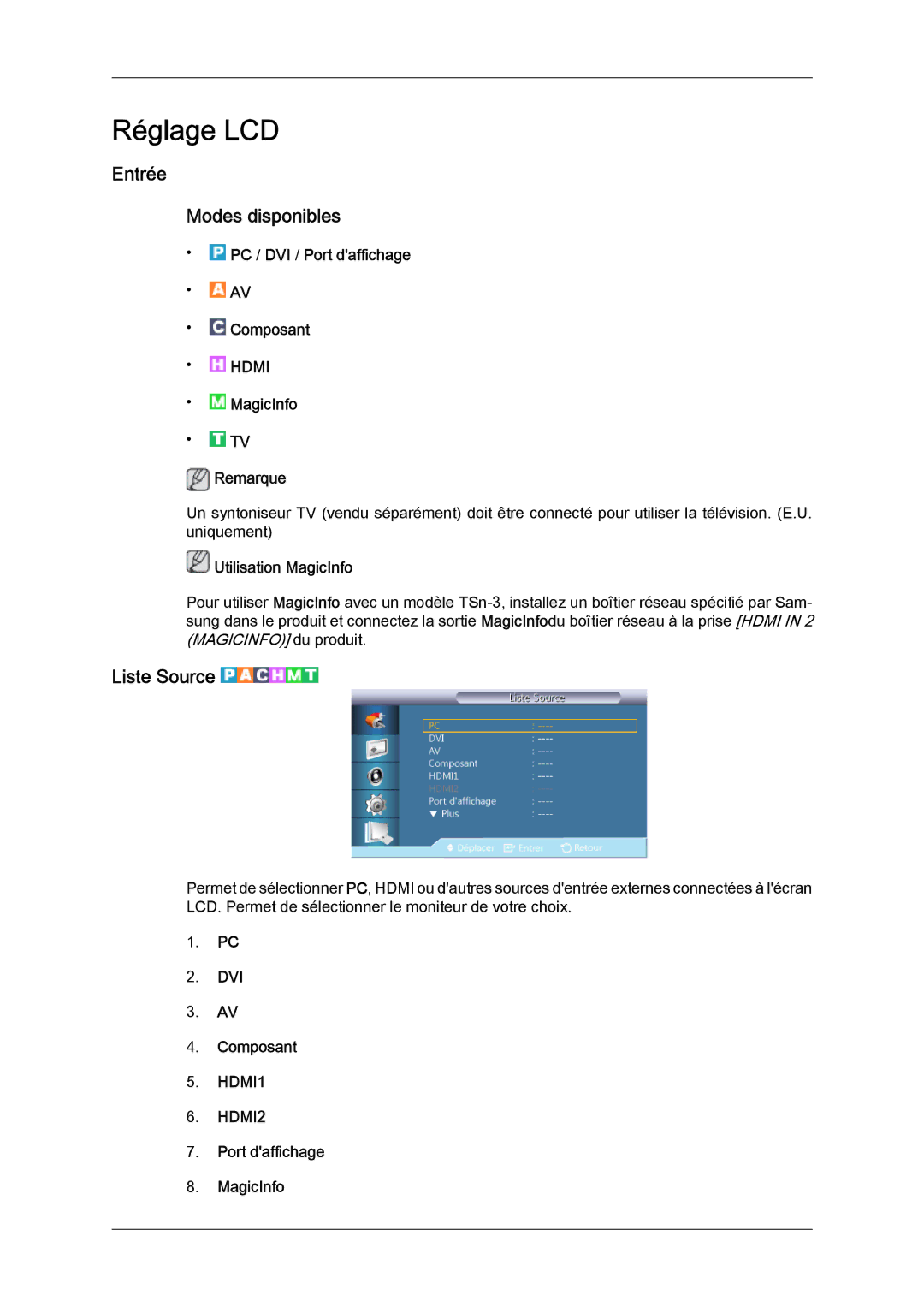 Samsung LH32CRTMBC/EN Entrée Modes disponibles, Liste Source, PC / DVI / Port daffichage Composant, MagicInfo Remarque 