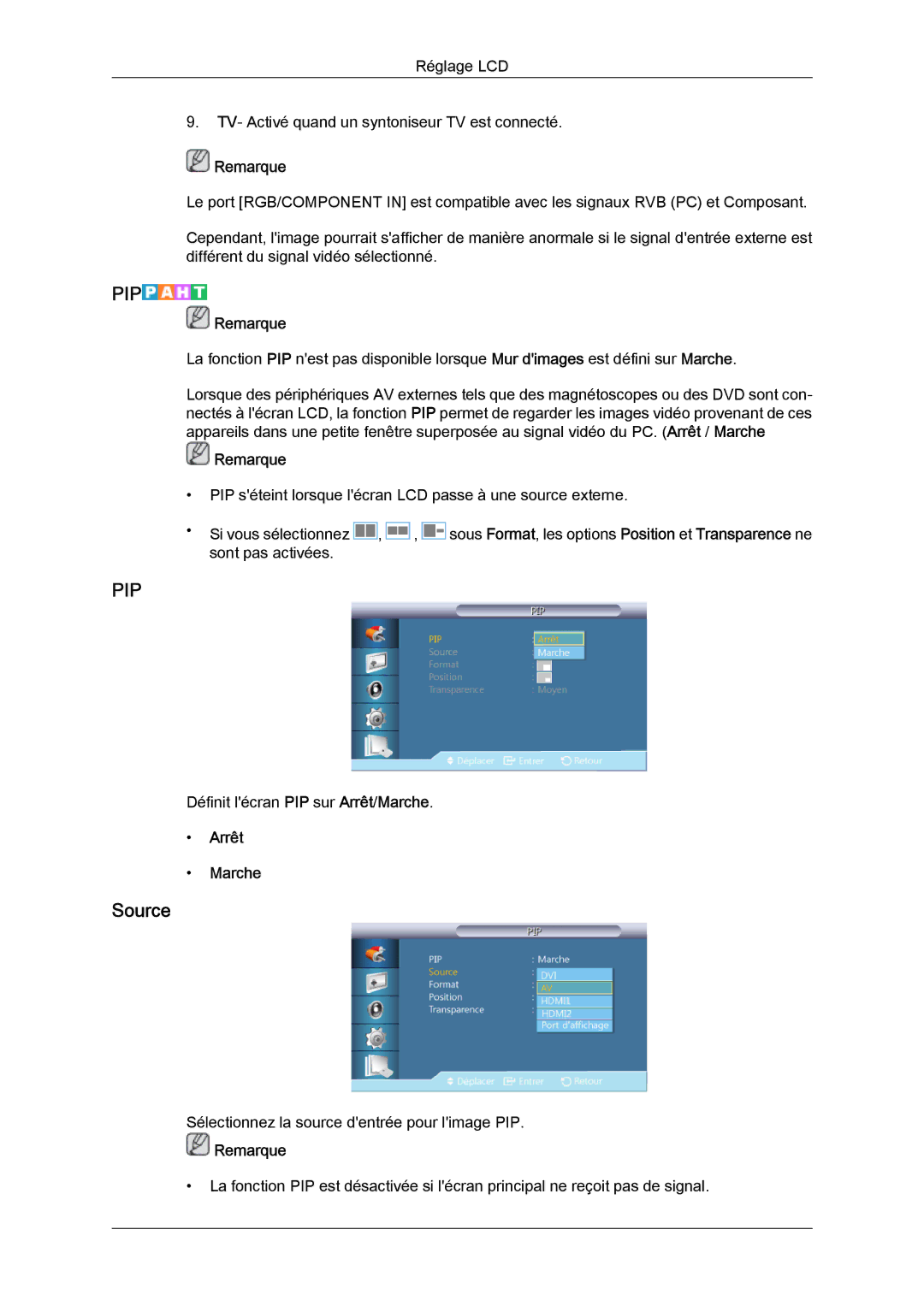 Samsung LH32CRSMBC/EN, LH32CRTMBC/EN, LH32CRSMBD/EN manual Source, Arrêt Marche 