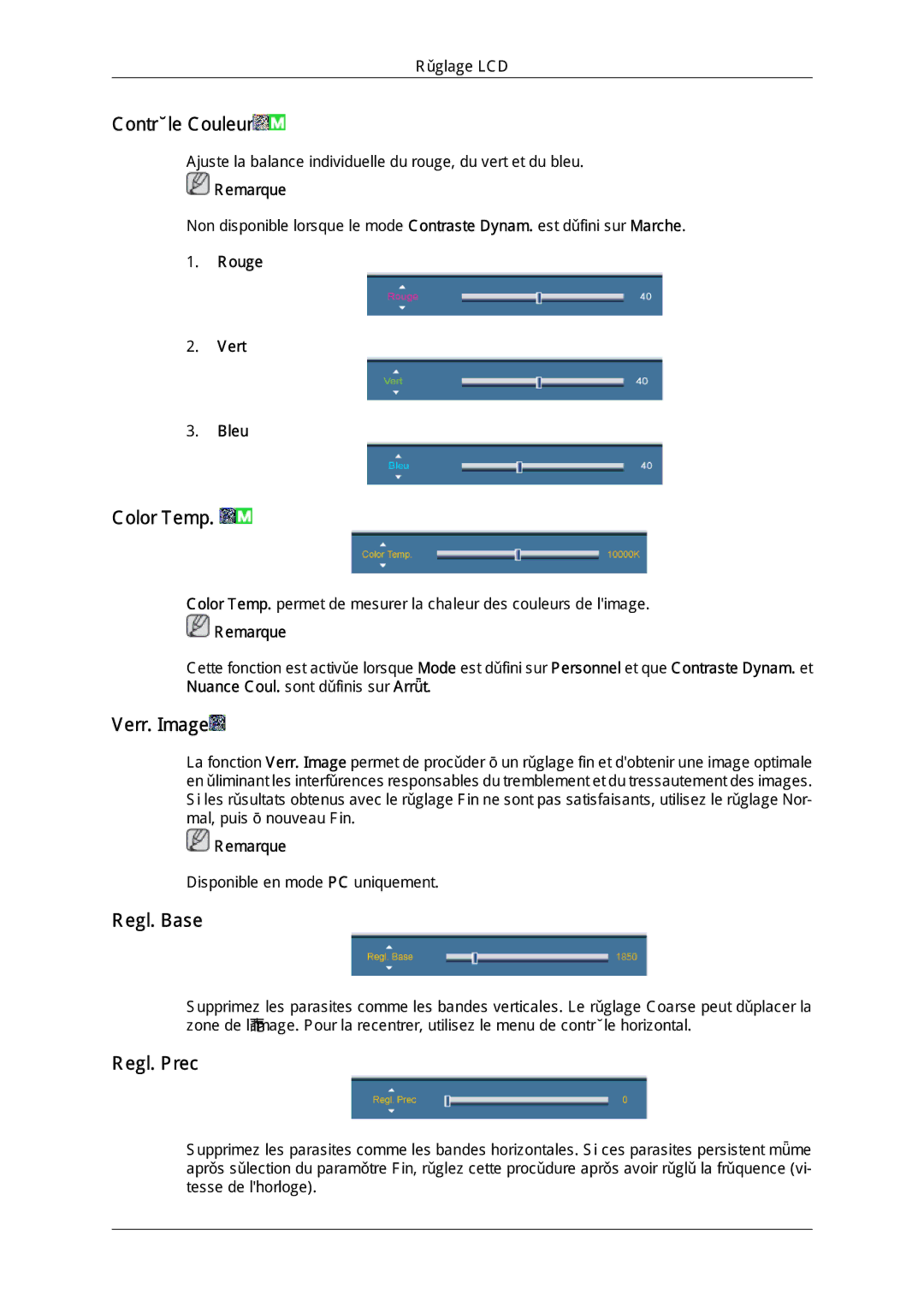 Samsung LH32CRSMBD/EN, LH32CRTMBC/EN, LH32CRSMBC/EN manual Contrôle Couleur, Color Temp, Verr. Image, Regl. Base, Regl. Prec 