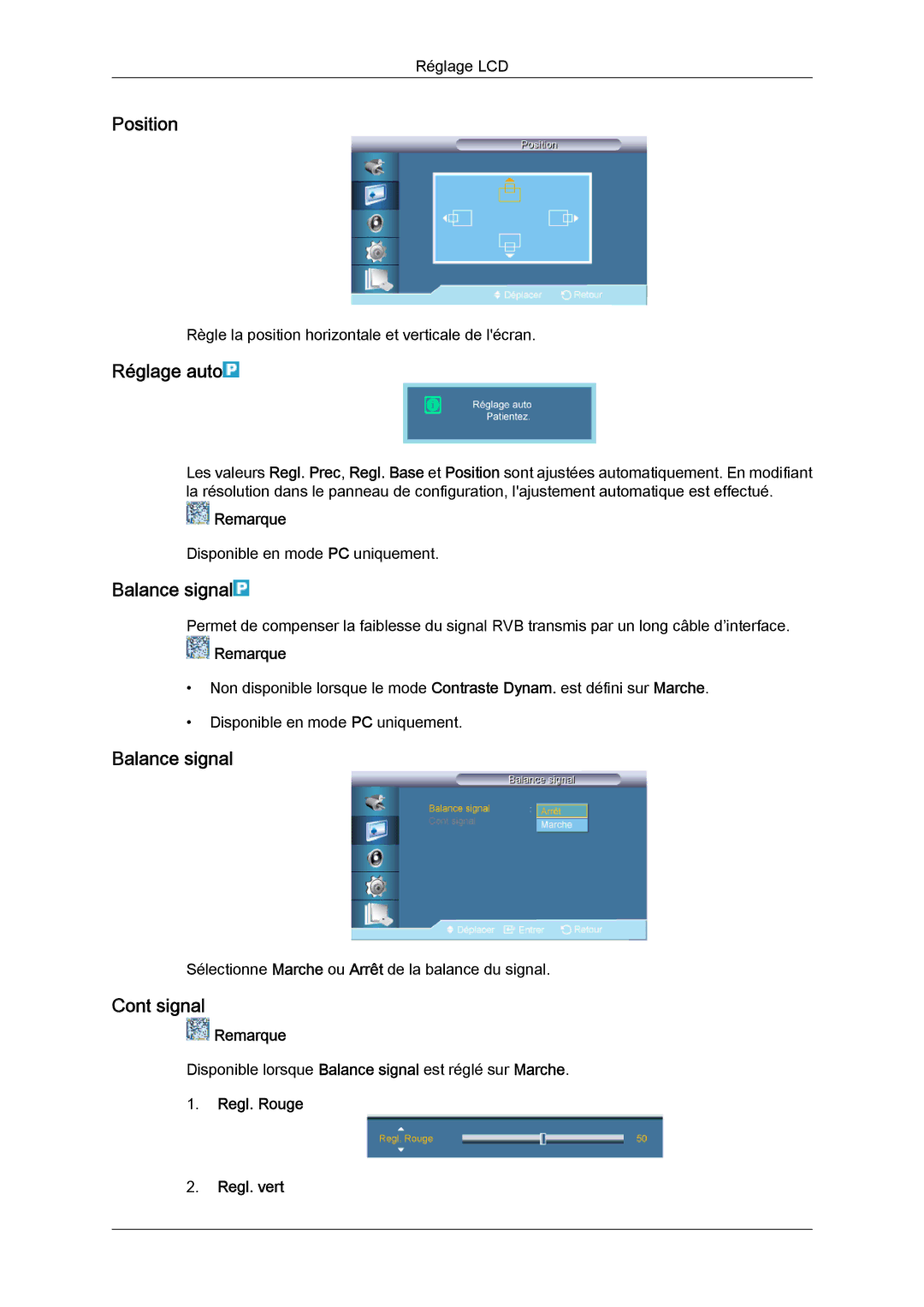Samsung LH32CRTMBC/EN, LH32CRSMBC/EN, LH32CRSMBD/EN manual Réglage auto, Balance signal, Signal, Regl. Rouge Regl. vert 
