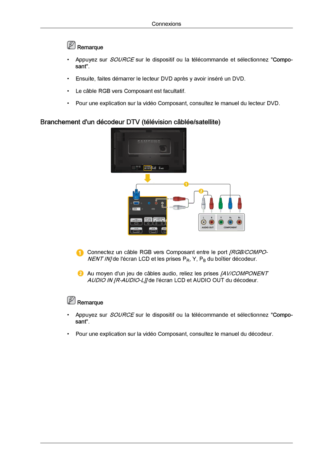 Samsung LH32CRTMBC/EN, LH32CRSMBC/EN, LH32CRSMBD/EN manual Branchement dun décodeur DTV télévision câblée/satellite 