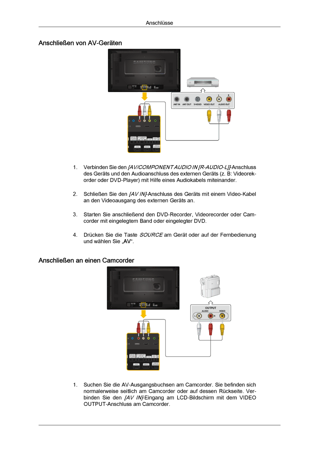 Samsung LH32CRSMBC/EN, LH32CRTMBC/EN, LH32CRSMBD/EN manual Anschließen von AV-Geräten, Anschließen an einen Camcorder 