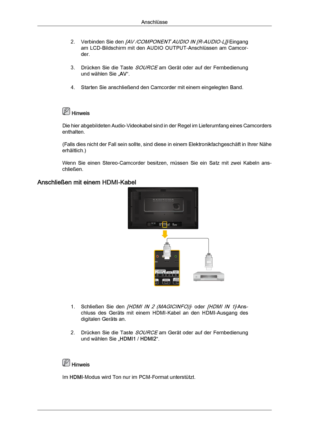 Samsung LH32CRSMBD/EN, LH32CRTMBC/EN, LH32CRSMBC/EN manual Anschließen mit einem HDMI-Kabel 