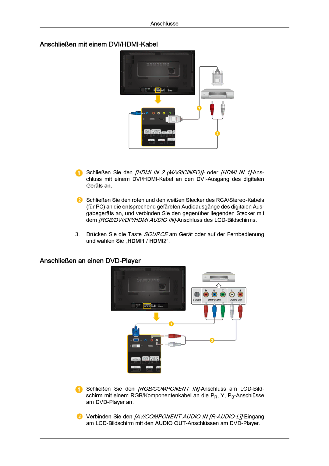 Samsung LH32CRTMBC/EN, LH32CRSMBC/EN, LH32CRSMBD/EN Anschließen mit einem DVI/HDMI-Kabel, Anschließen an einen DVD-Player 